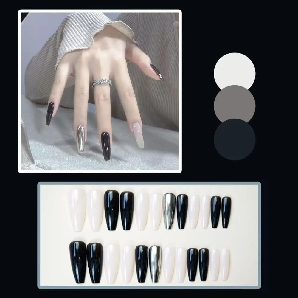 Ztcily Long Black and White Self Adhesive French Coffin False Nails for Women Accessory or Gift Idea for Christmas New Year Valentine'S Day Wedding image number 1