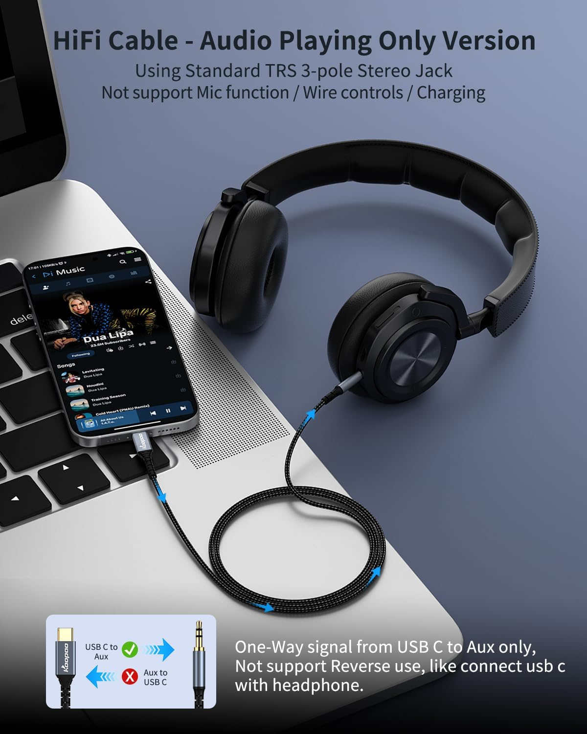 USB C to 3.5Mm Audio Aux Jack 6.6FT Cable, KOOPAO Type C Adapter to 3.5Mm Headphone Stereo Cord Car Compatible with Ipad Pro 2018 Google Pixel 2 3 4 XL (Grey-6.6Ft) image number 5