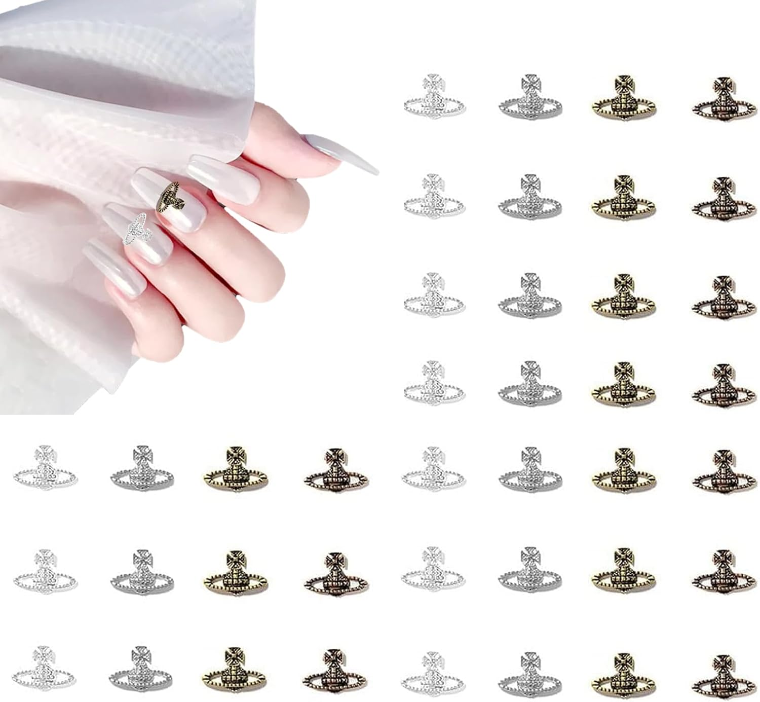 Kuskins 40 Pcs Planet Nail Charms,3D Nails Rhinestones Silver Diamond Toenail Jewelry，Four Colors Trendy Acrylic Nail Kit,Diy Fingernail Art Decoration Supplies for Girls and Women image number 5