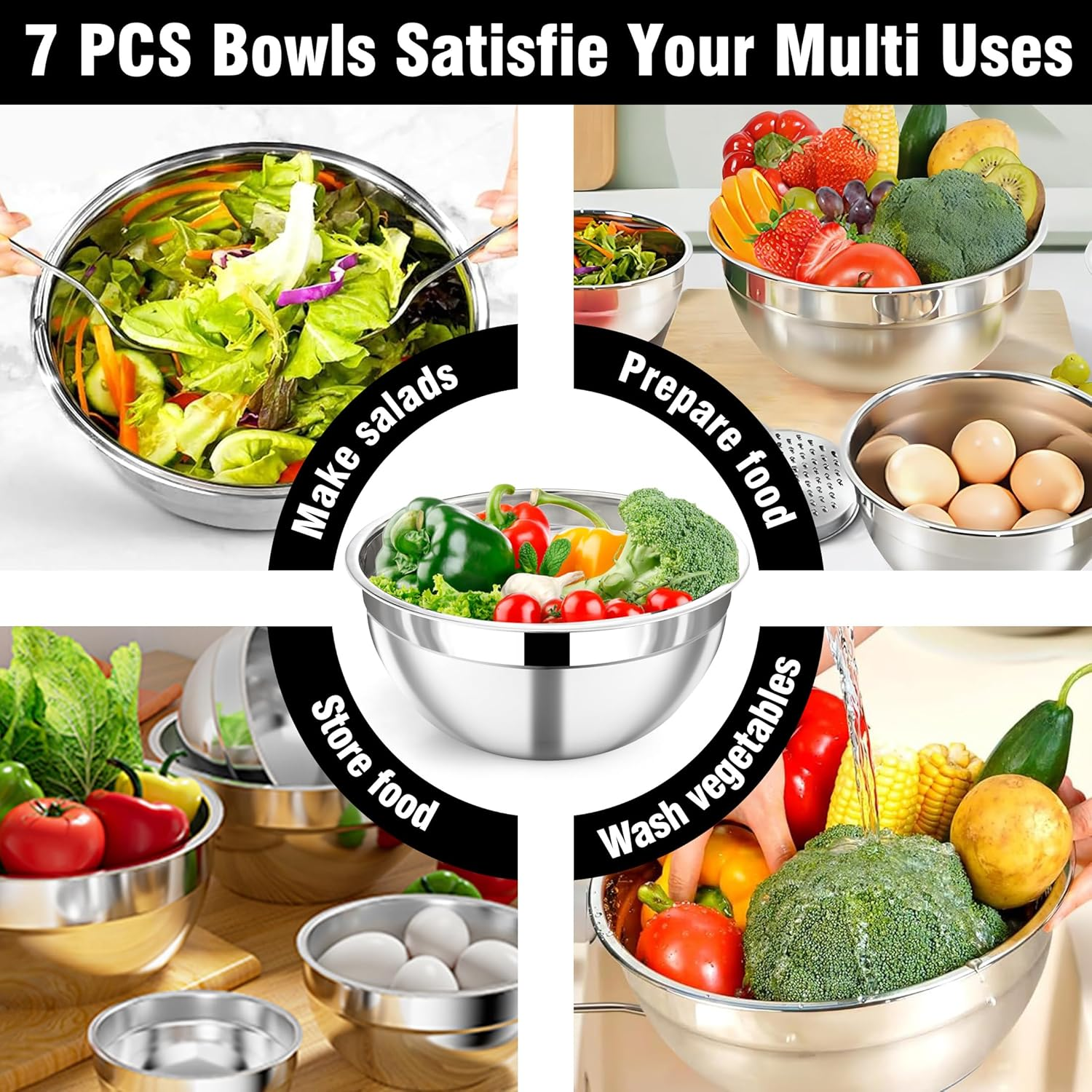 BEWOS 7-Piece Stainless Steel Mixing Bowl Set with Lids - Nesting Bowls for Space Saving, Dishwasher Safe, Sizes 0.84, 1.32, 1.80, 2.52, 4.20, 4.80, 5.40 QT for Mixing & Serving image number 5