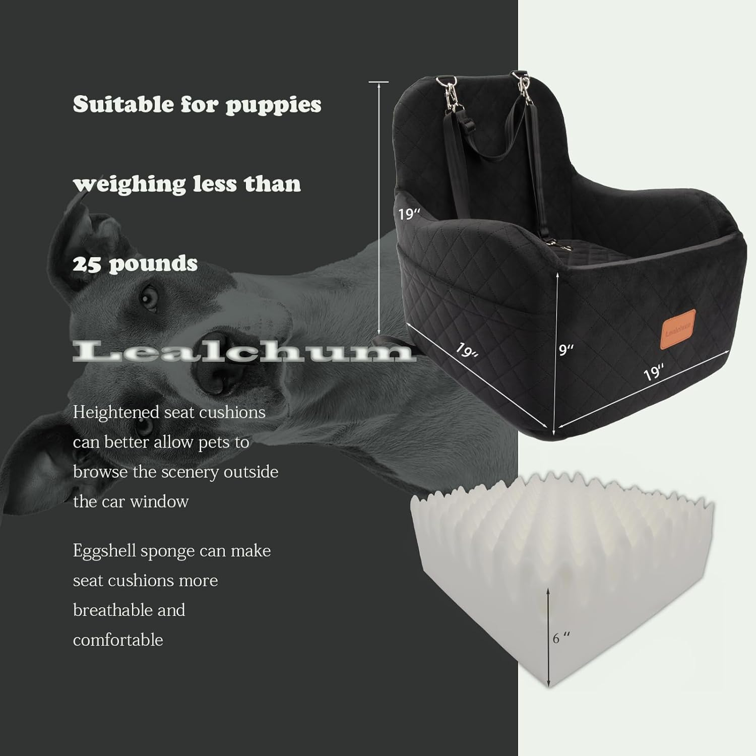 Lealchum Dog Booster Car Seat for Small/Medium Dogs up to 35Lbs,Elevated Cushion Fits in Front/Back Seat,Fully Detachable and Washable,2 Storage Pockets & Dog Leashes,Easy to Install(Black,Medium) - Black image number 2