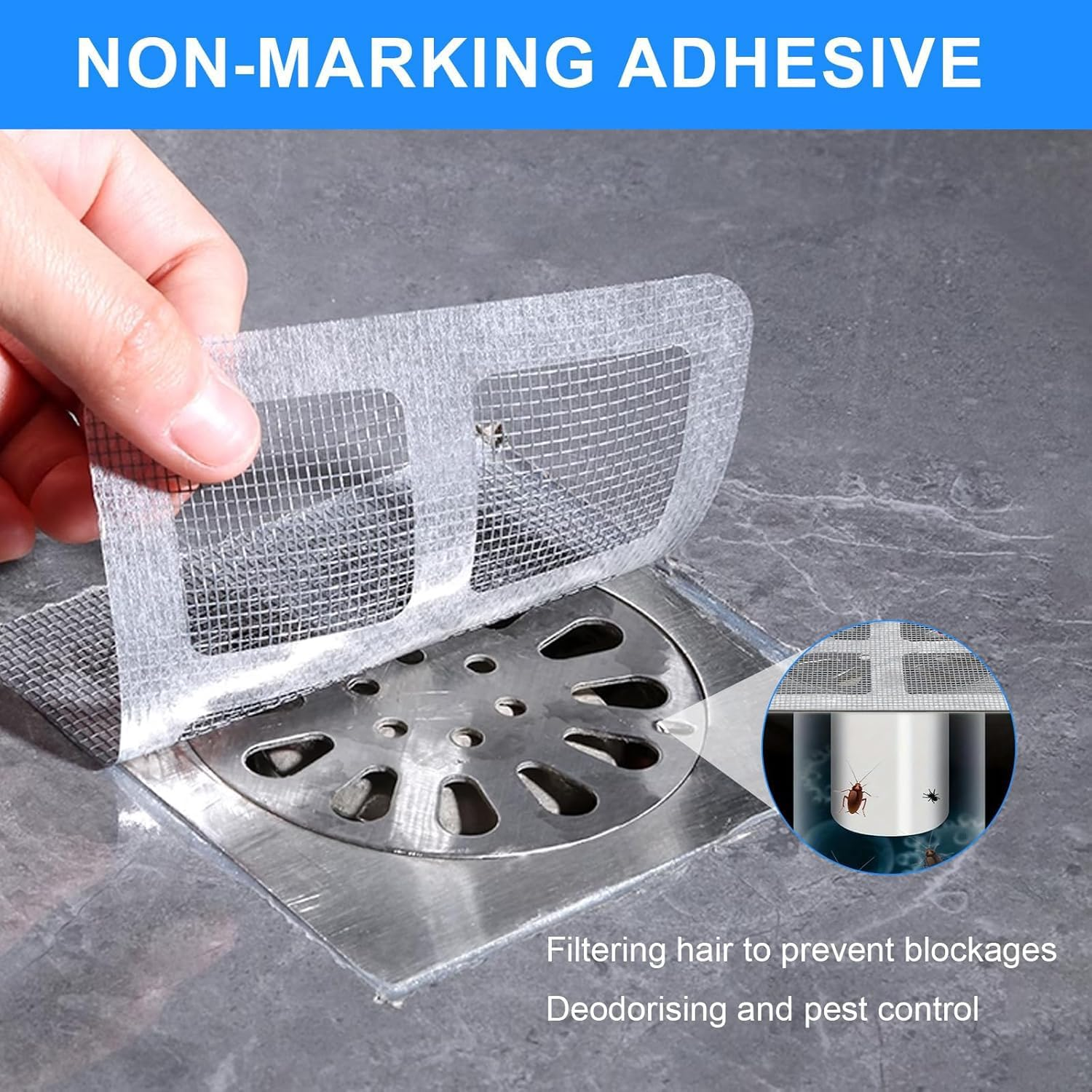 100Pcs Drain Stickers Floor,Shower Drain Hair Catcher,3.94 Inch Square Bath Tub Drain Strainer,For Bathtub Drain Cover for Kitchen Bathroom,Bathtub Drain Hair Catcher with Waterproof Adhesion Square