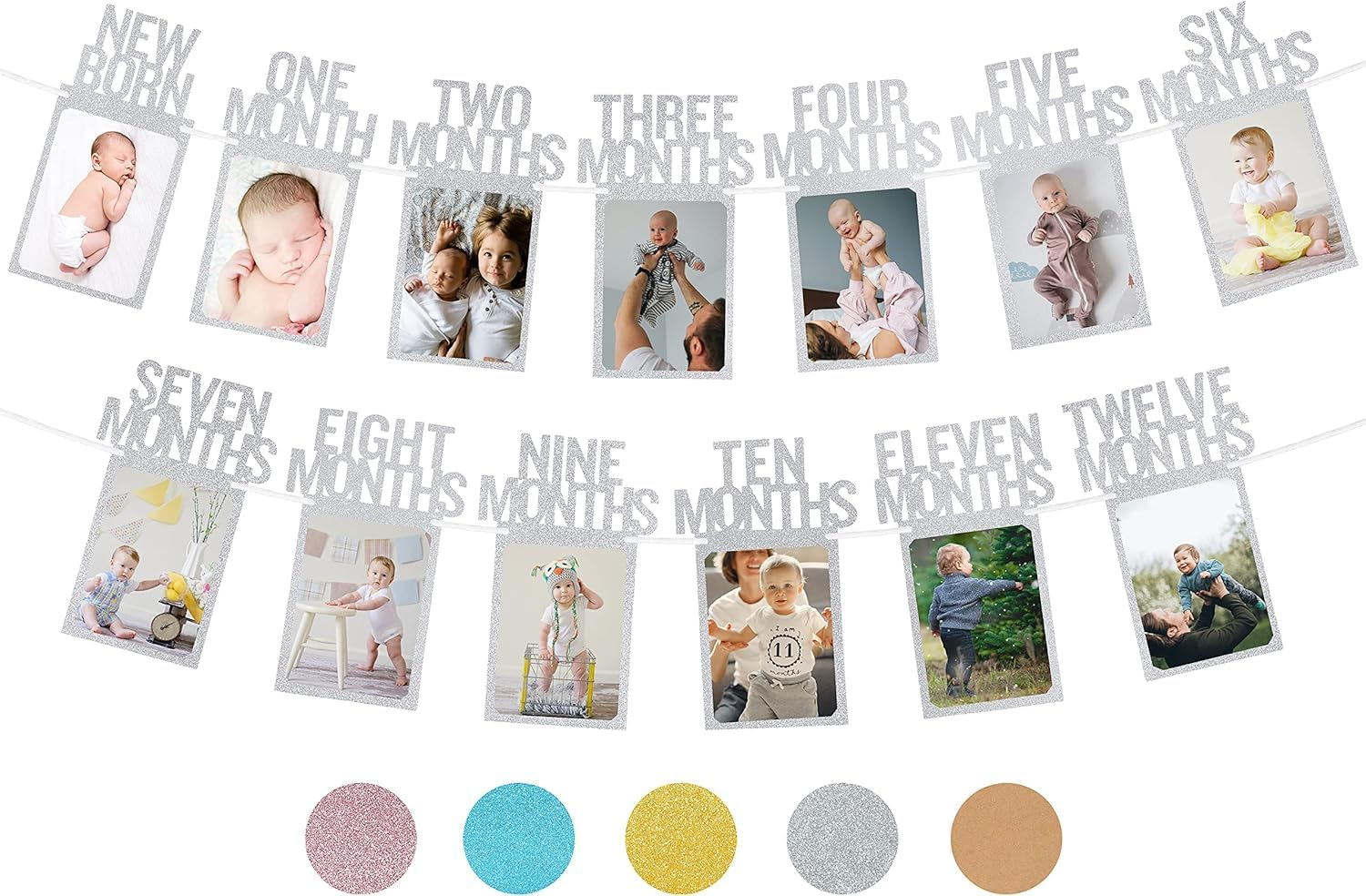 1St Birthday Photo Banner for Baby from Newborn to 12 Months, First Birthday Decorations Boy or Girl Monthly Milestones Garland | First Birthday Photo Banner Pre-Strung with Frame (Silver1)