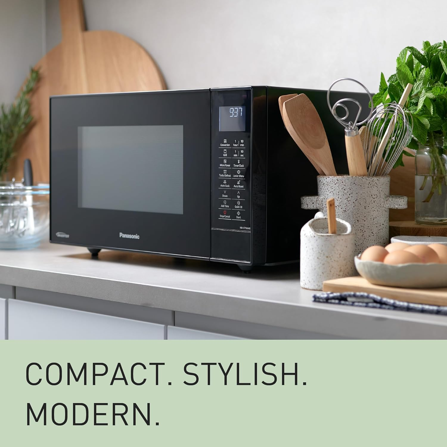 Panasonic Space Saving 3-In-1 Convection 27L Microwave Oven 1000W with Turbo Defrost and 29 Auto Menu Programs (NN-CT56MBQPQ)