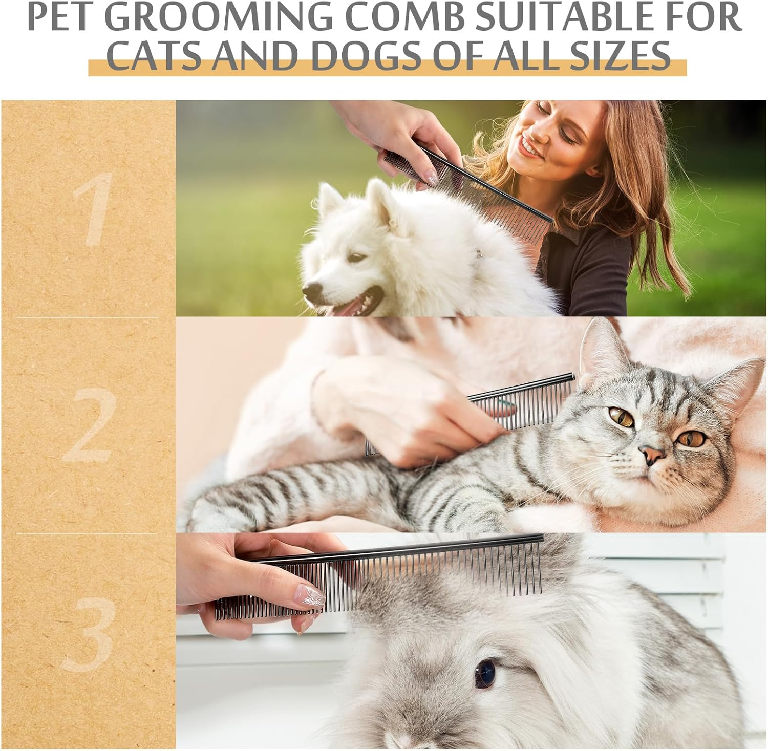 Boao Stainless Steel Pet Comb Pet Grooming Comb Rounded Teeth Dog Comb for Large, Medium and Small Dogs and Cats with Tangled Short/Long Hair (19 X 3.3 Cm)