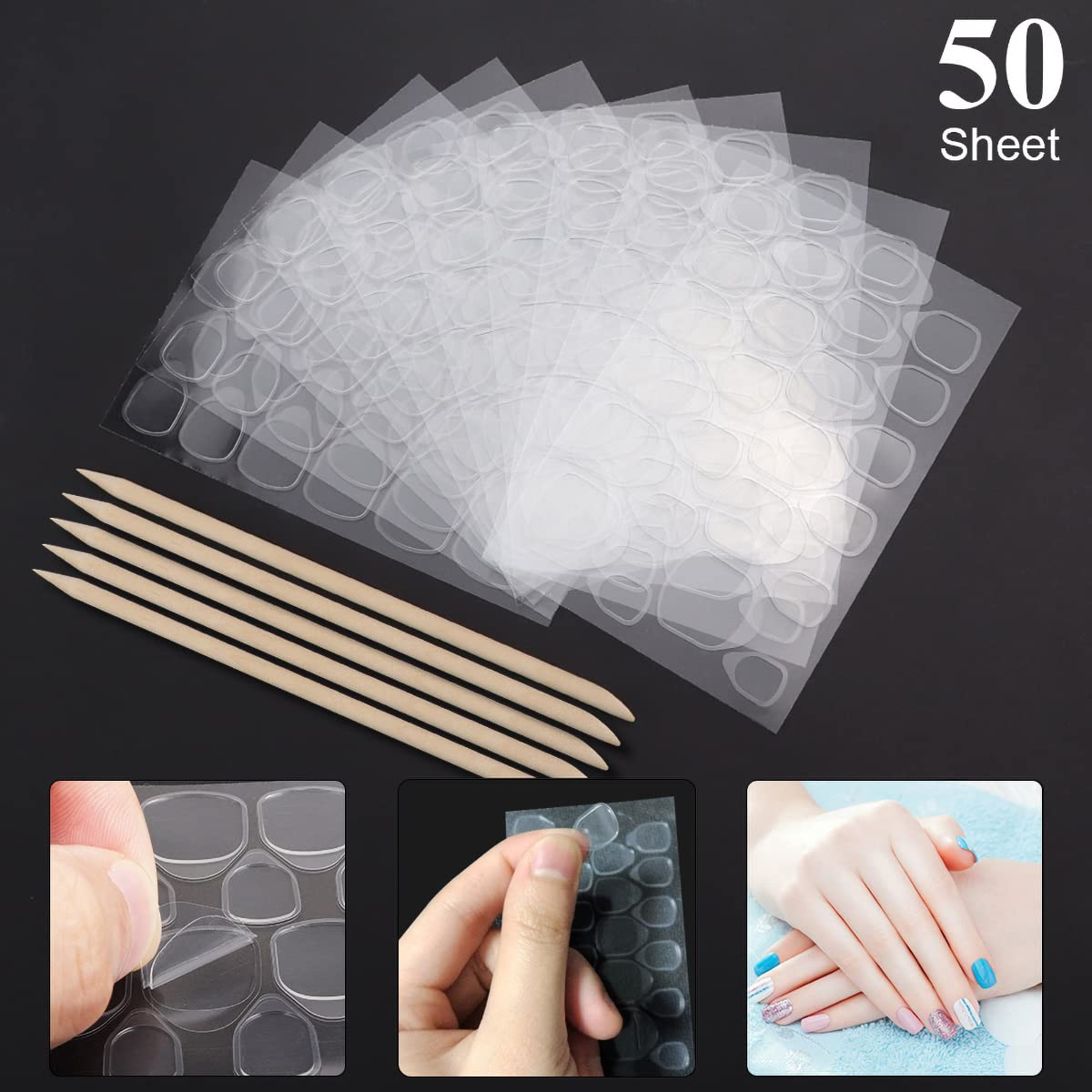 LIONVISON 50 Sheets Nail Adhesive Tabs - 1200 Pcs Double-Side Nail Glue Sticker, Waterproof Breathable Jelly Gel Nail Tape Glue Stickers for False Nails Tips (50 Sheet) image number 3