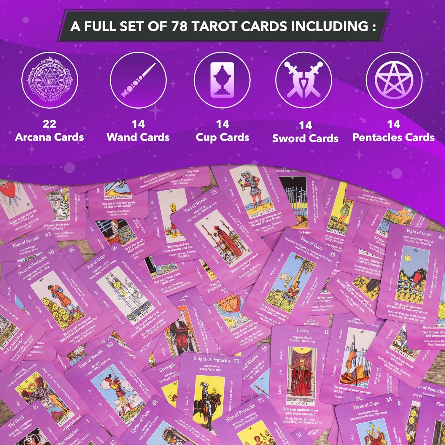 Tarot Cards with Guidebook & Pouch | 78 Cards | Purple & Pink Designs | Perfect for Beginners & Experienced Practitioners image number 6