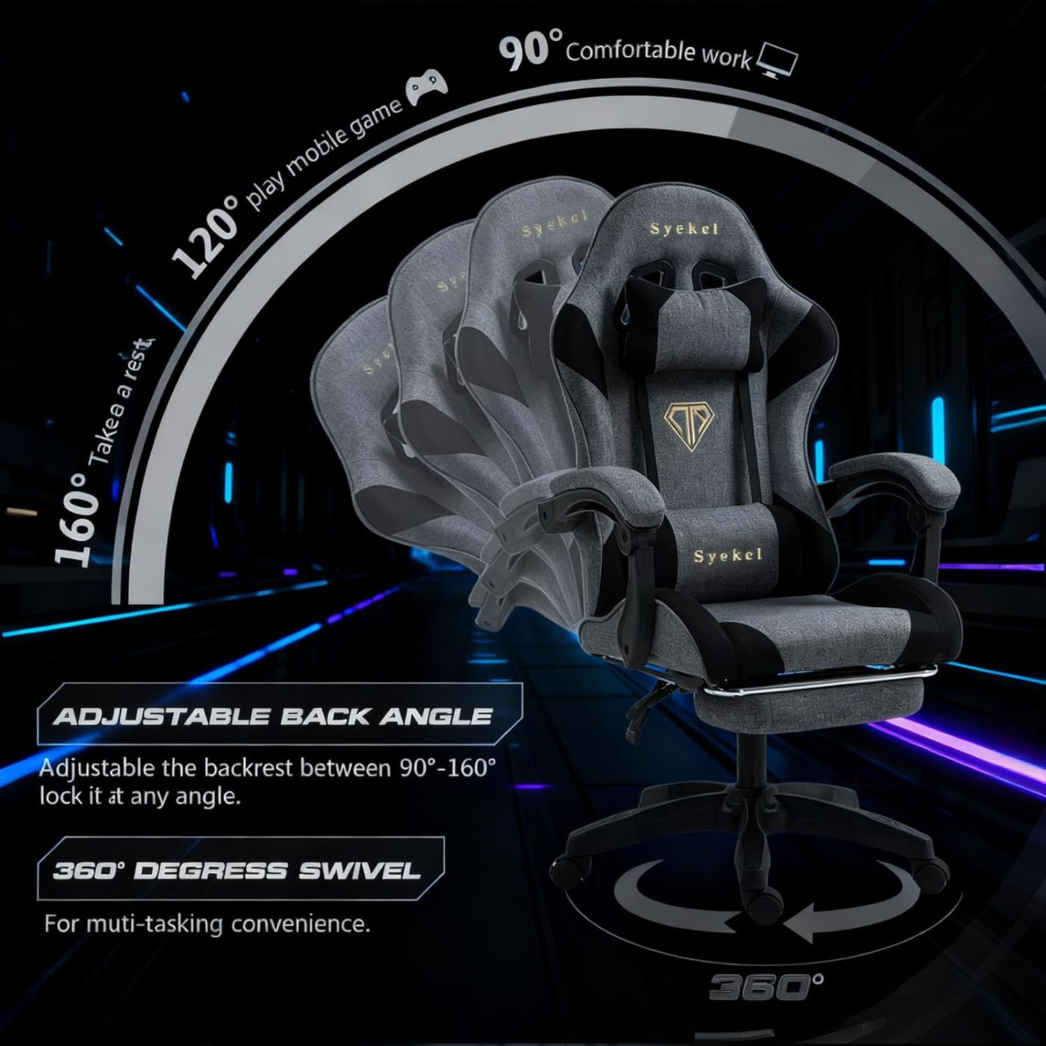 Gaming Chair Computer Chair, Ergonomic High Back Fabric Gaming Chair, Tilt and Height Adjustable Computer Chair with Neck and Massaging Lumbar Support for Office or Gaming (Linen, Grey) image number 6