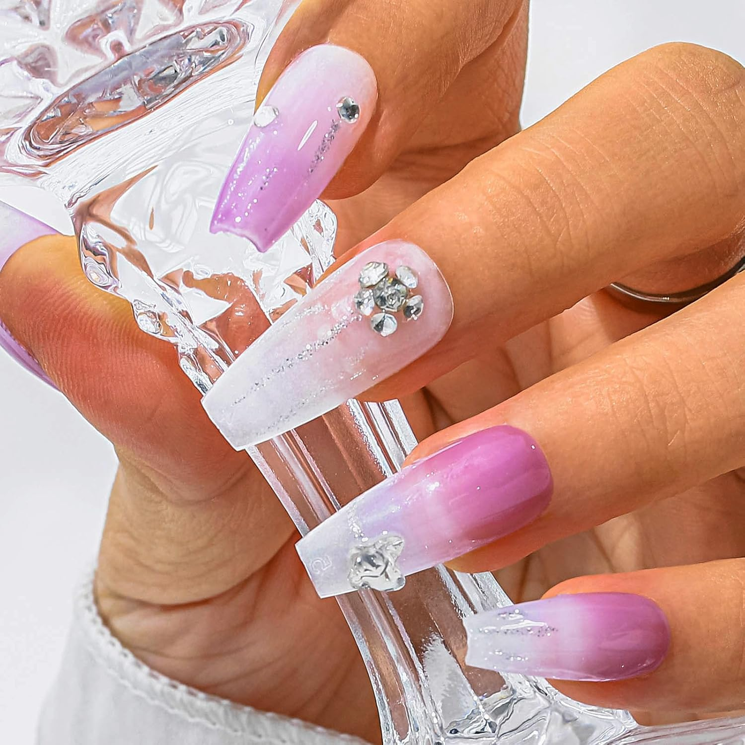 Sethexy Long Coffin Rhinestone Handmade False Nail Purple Hand-Painted Press on Nails Glitter Gradient Shiny False Nails Salon Quality for Women and Girls (W) image number 3