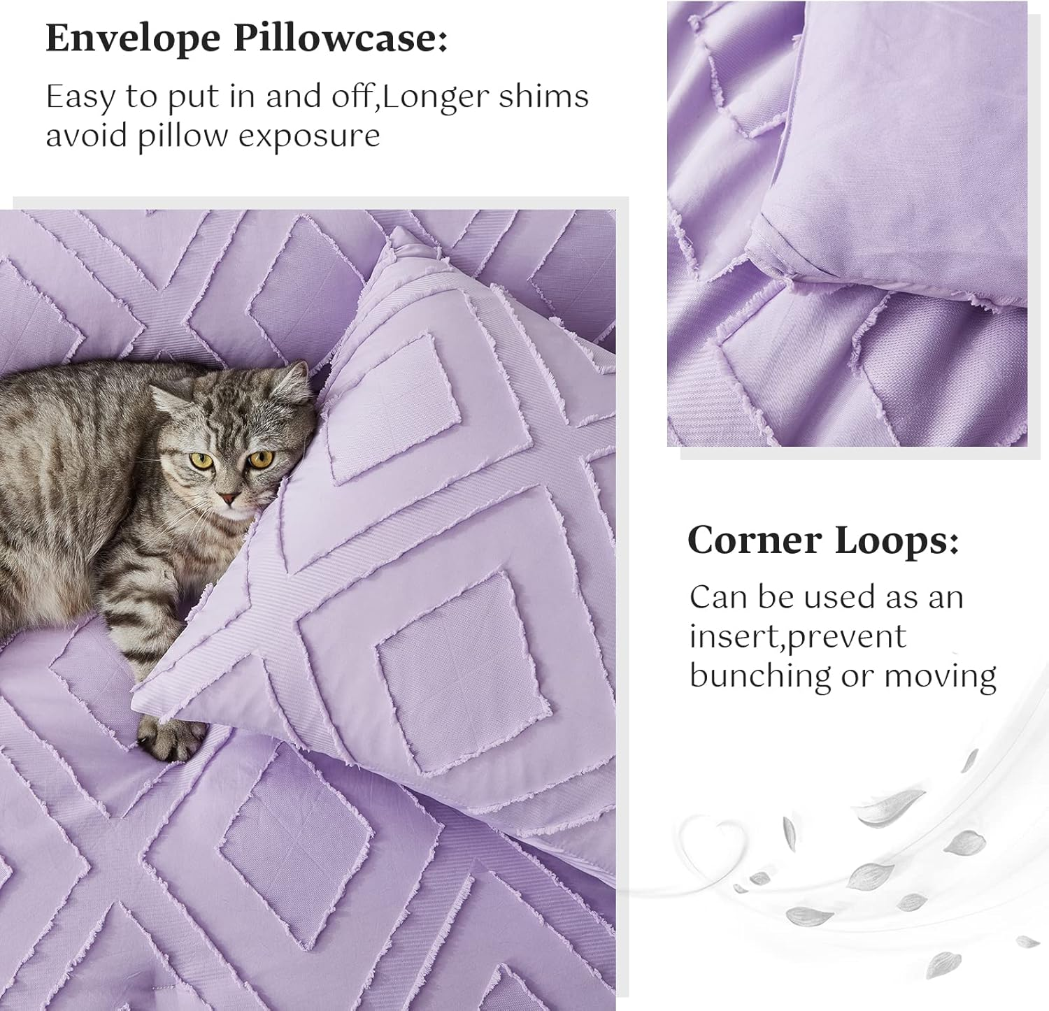 Boho King Comforter Set,Purple Rhombus Tufted King Size Comforter Set with Corner Loops,3 Pieces Embroidery Shabby Chic Bedding Comforter Sets for All Seasons(Purple,King)