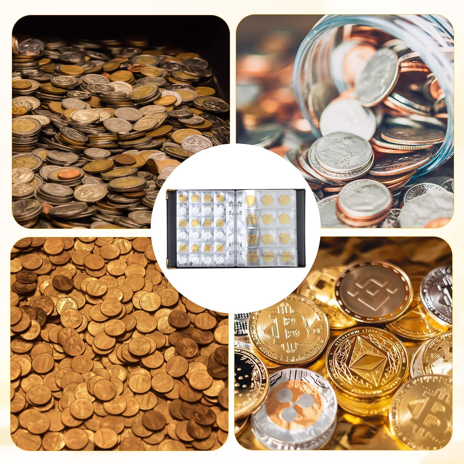 20 Pages/360 Pockets Coin Collection Book, 3X3Cm&4X4Cm Coin Collecting Holder Album with Leather Cover, Durable Coin Collection Binder Penny Coin Book for Collectors, All Coins (Black) image number 4