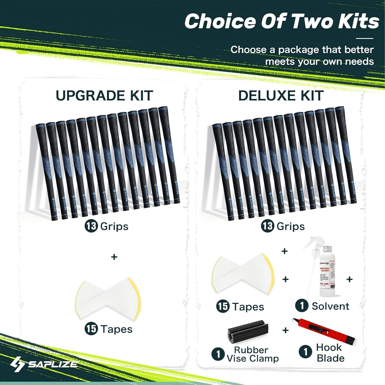 SAPLIZE Classic Rubber Golf Grips 13 Pack, High Feedback, Non-Slip, 13 Grips with Full Solvent Kit, Available in Standard/Midsize, CC01 Series