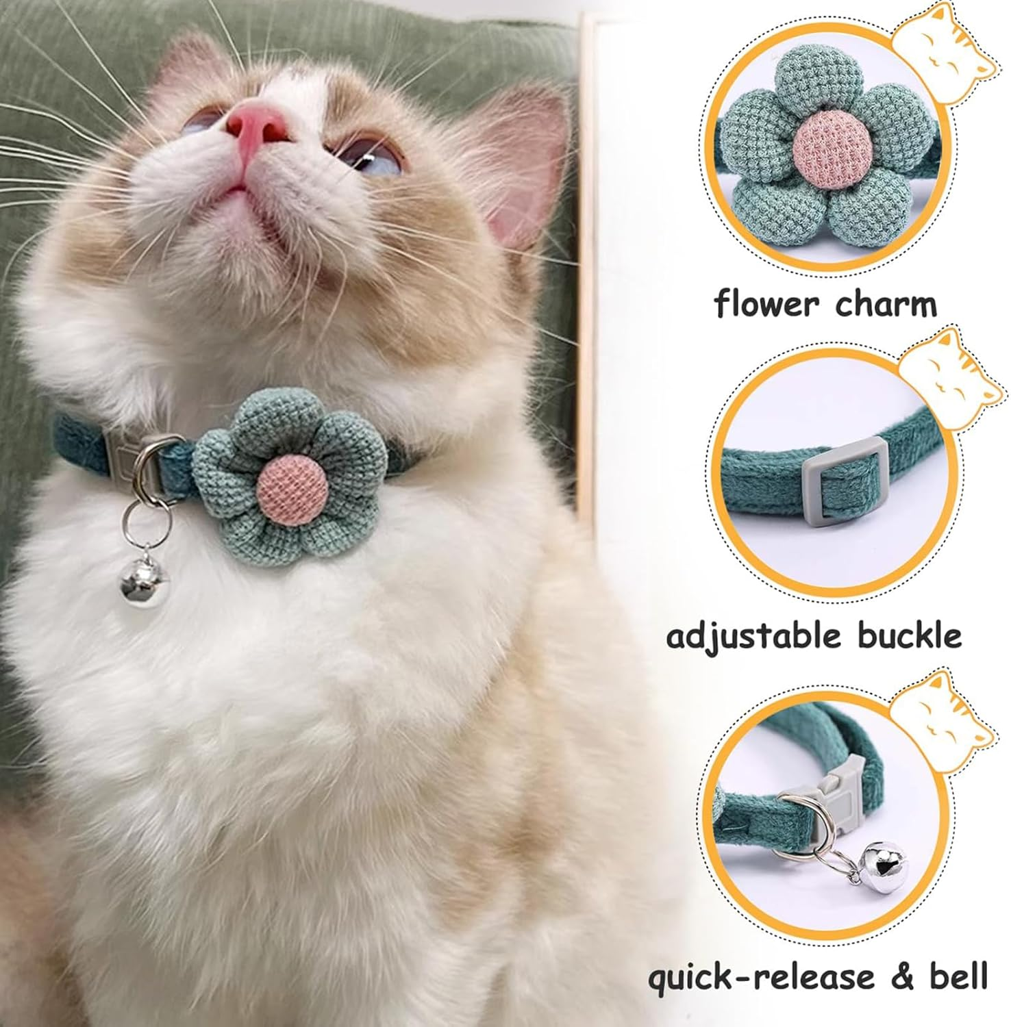 Ruzister 3 Pack Cat Collars with Flowers - Cat Collars with Bell, Adjustable Flower Bow Tie Collars for Boys and Girls, Cute Collar Accessories image number 4