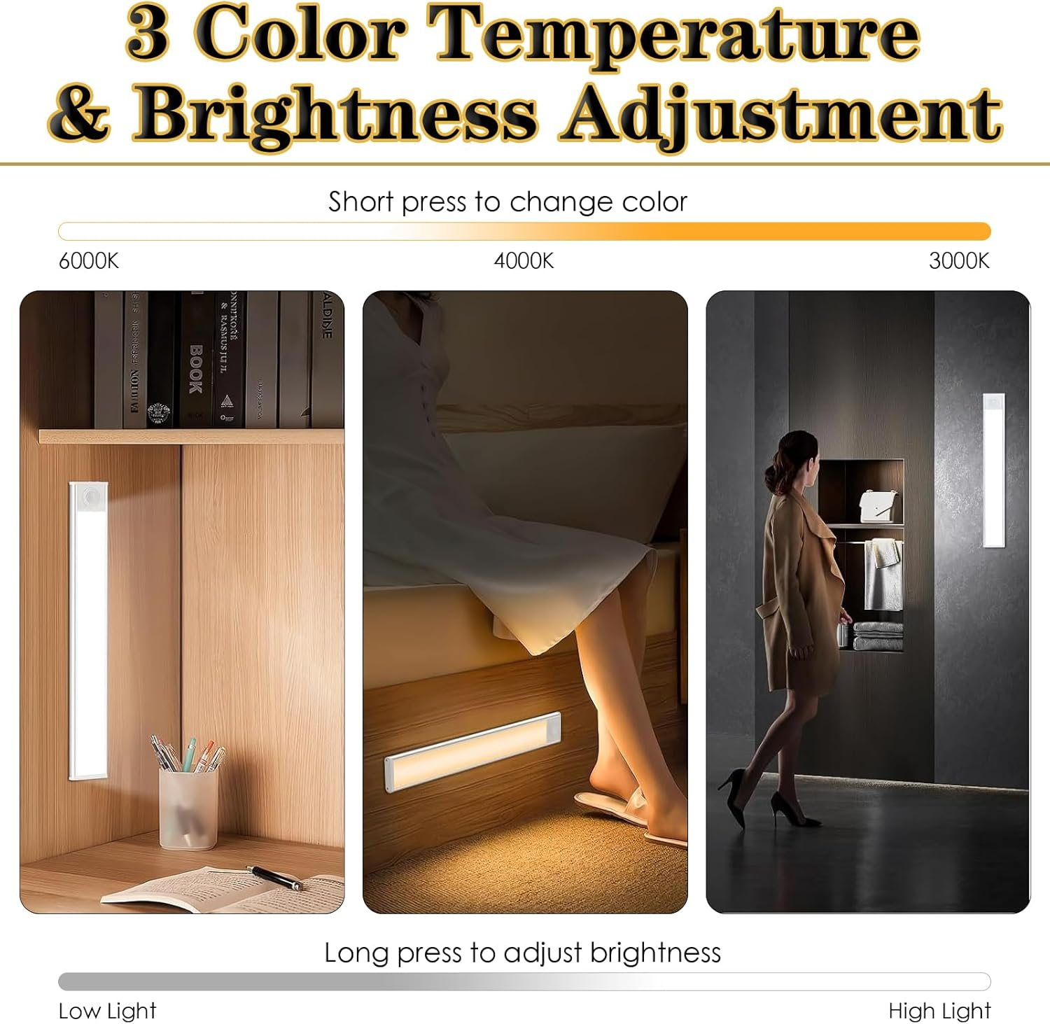 Under Cabinet Light 2 Pack, LED Wireless Rechargeable Motion Sensor Cupboard Light Bar, 3 Colours Dimmable Strip Night Light for Kitchen Wardrobe Cupboard, Silver, 40CM image number 3