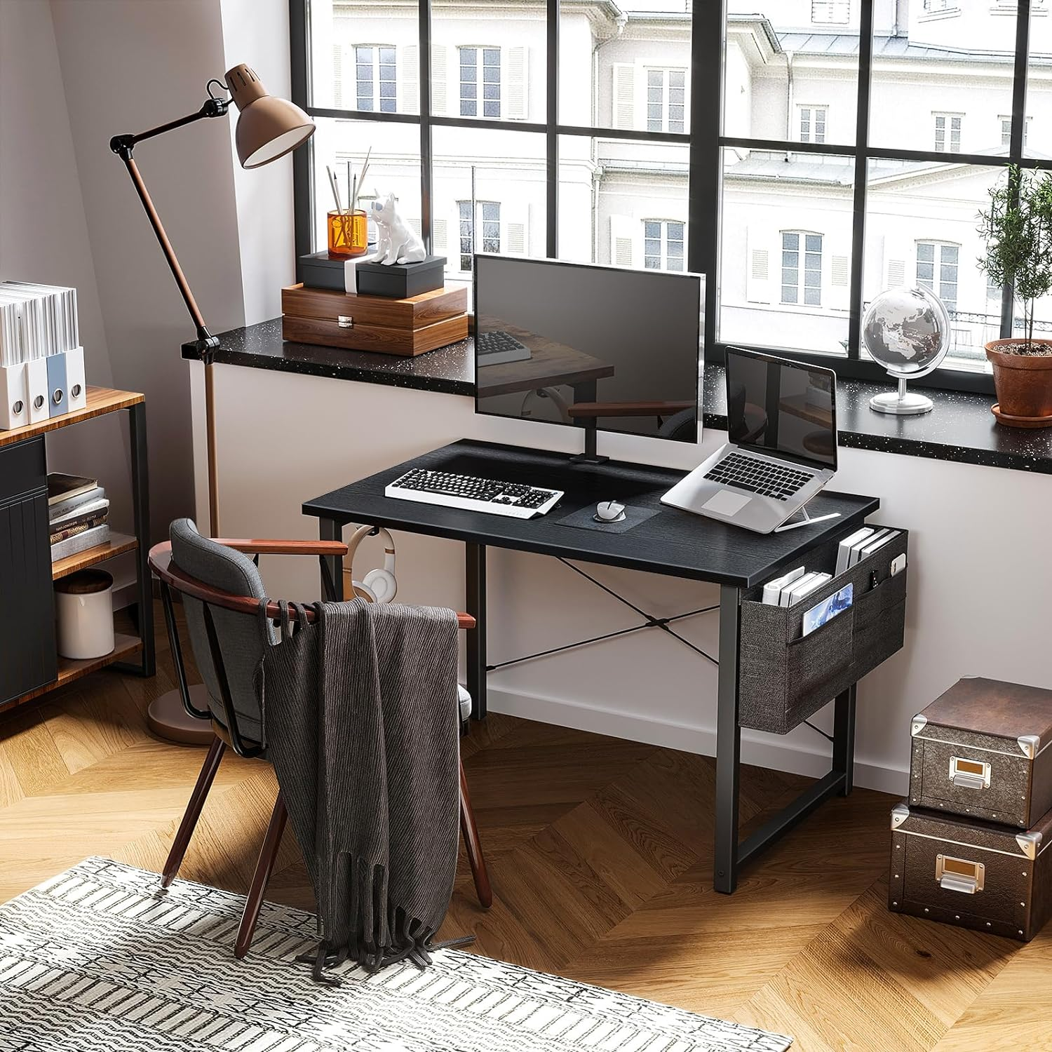 ODK 40Inch Computer Desk with Storage Bag&Metal Legs,Home Office Desk with Headphone Hook, Modern Computer Tale, Writing Table, Simple Style PC Table for Work Study Writing,Black,100 * 48 * 73.7Cm