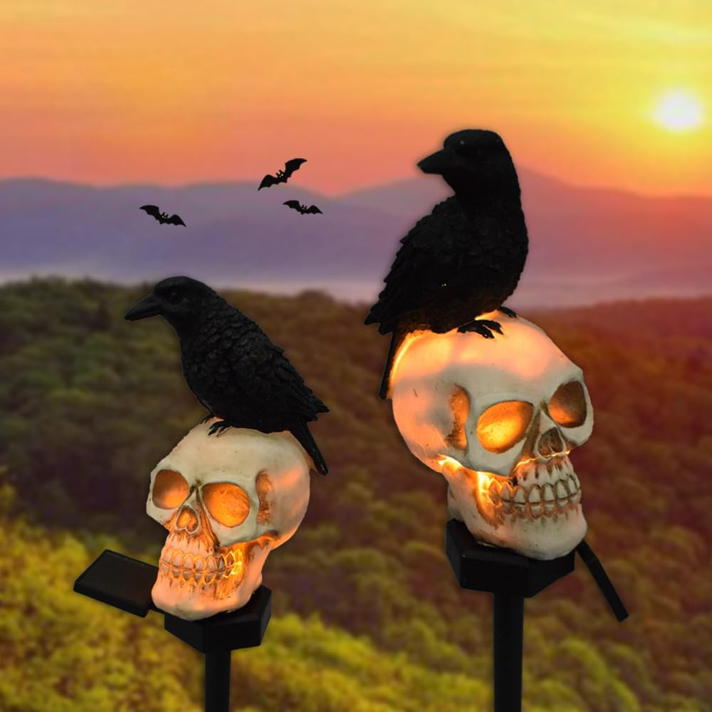 YZYOE 2 Packs of LED Solar Crow Skull Lights, Halloween Outdoor Atmosphere Decoration Lamp, and Cute Resin Crow Skull Courtyard Landscape Lights. image number 1