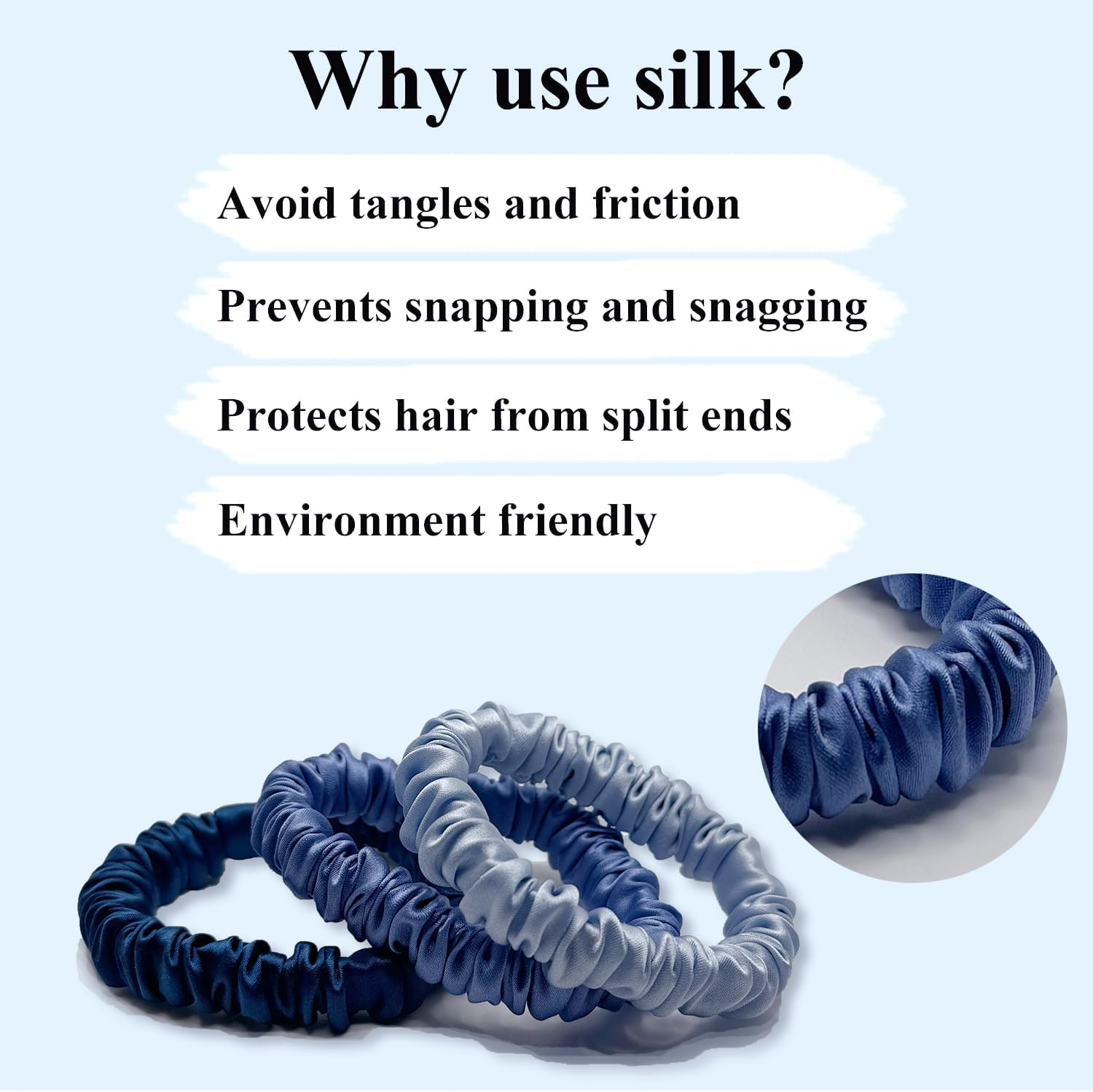 VLOMOT 3 Pcs Set 100% Pure Mulberry Silk Hair Scrunchies Hair Ties with 3 Chic Colors Everyday Skinny Scrunchies Silk Ponytail Holders Hair Care No Damage (Blue) image number 2