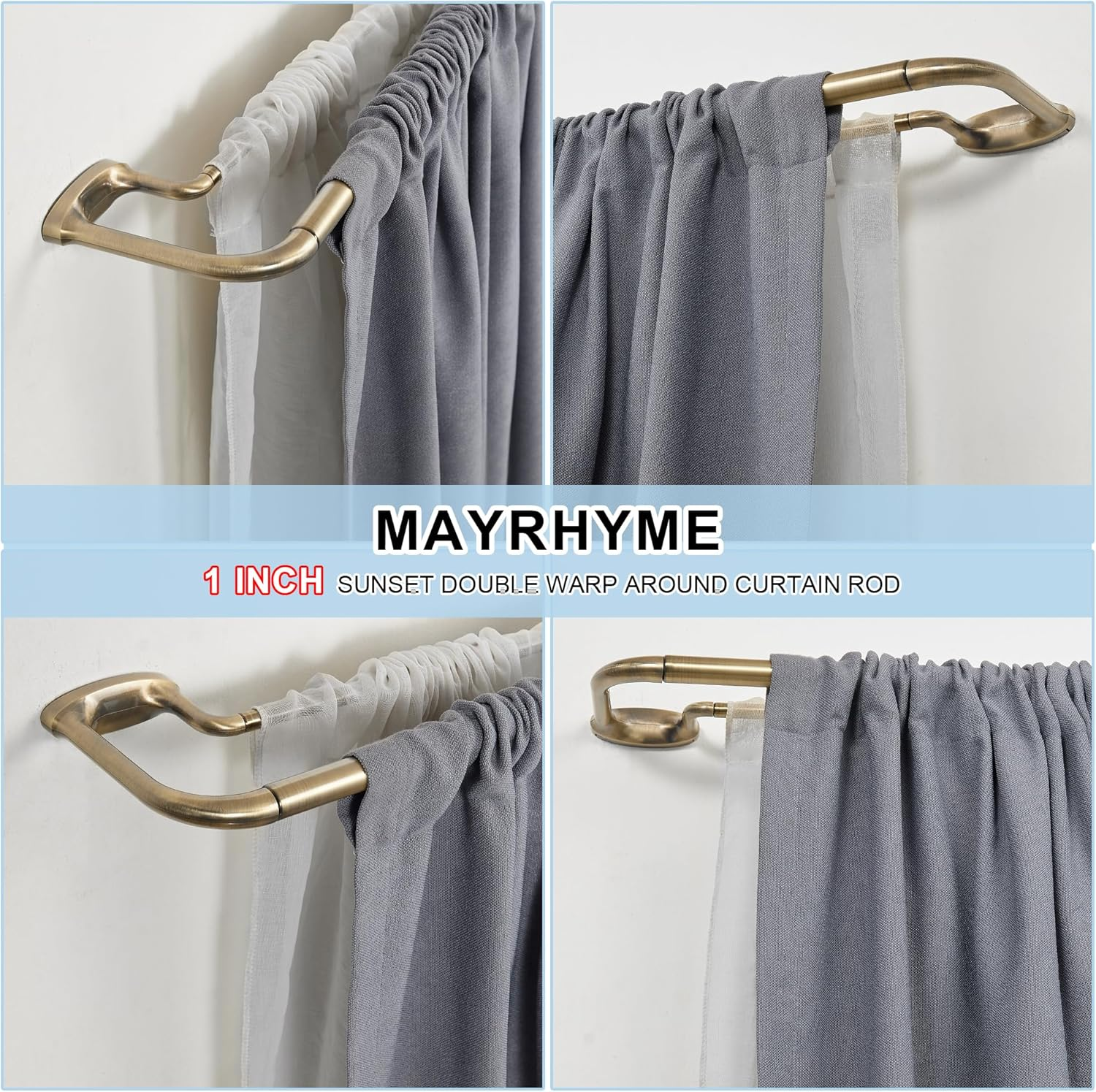 Mayrhyme Double Curtain Rods, Wrap around Curtain Rod for Windows, Internal Splicing 1'' Front and 5/8'' Back Adjustable Curtain Rod with Aluminum Finials and Brackets (Antique Bronze, 28-120") image number 1