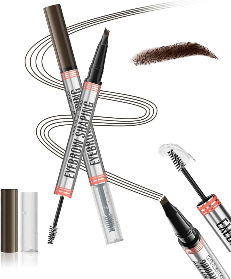 Wimode 2-In-1 Magic Eyebrow Pencil,Microblading 4-Fork Tip Liquid Eyebrow Pen with Eyebrow Brush Gel Waterproof Eyebrow Pencil Create Natural Hair-Like Brows Long-Lasting(4#Black)