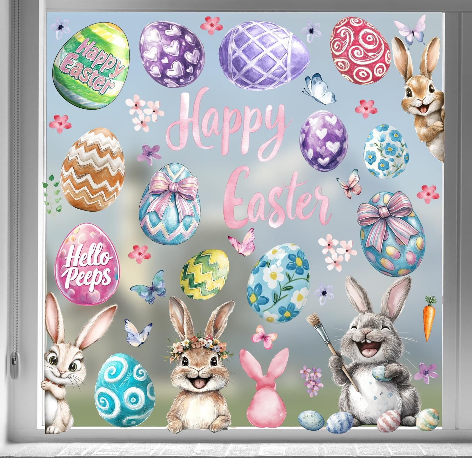 Hianjoo 118 PCS Easter Window Cling, 9 Sheets Easterday Bunny Window Stickers PVC Static Painting Style Sticker with Cute Rabbit Eggs Carrot Car Happy Easter, Flower Butterfly for Festival Decoration image number 2