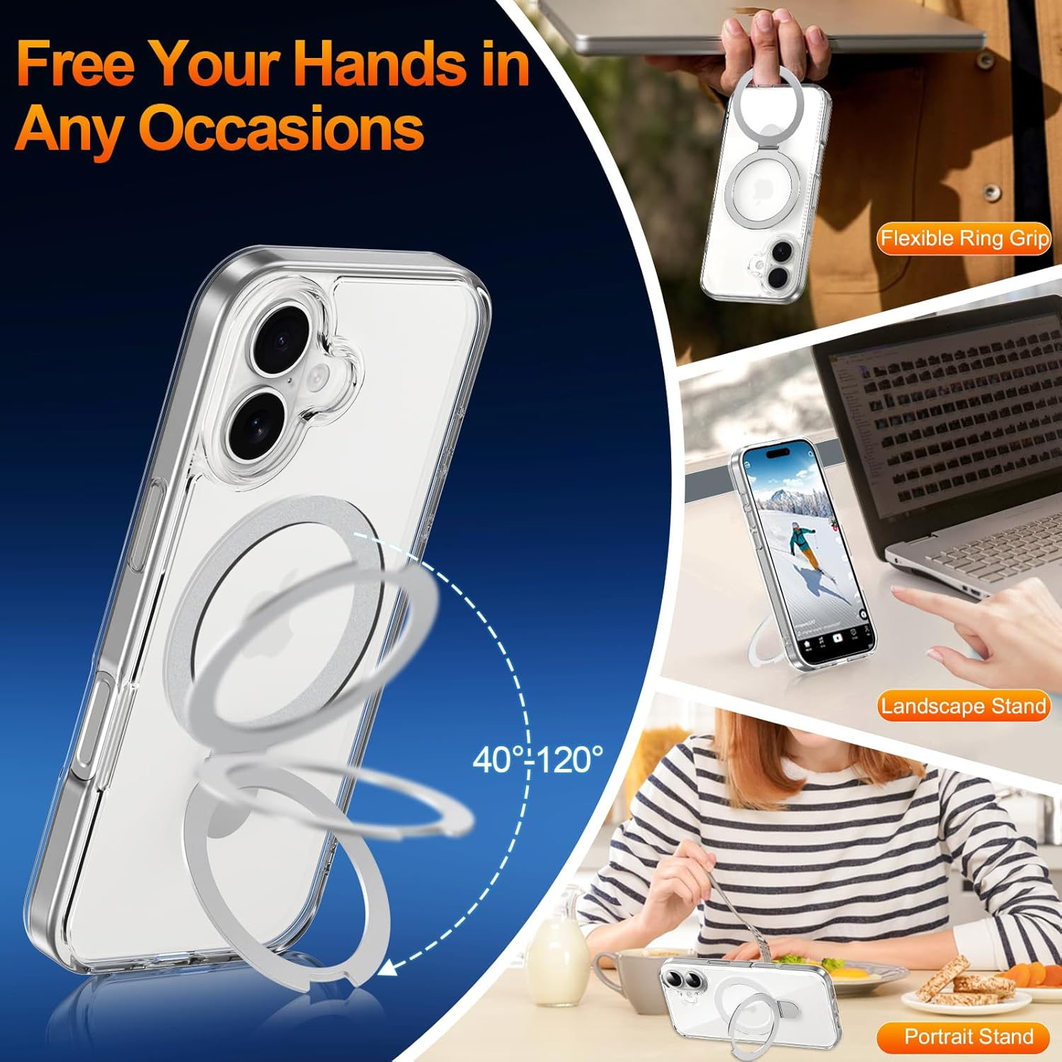 ROUMAYMAY Magnetic Case for Iphone 17 with Stand, Foldable Ring Holder, Kickstand [Compatible with Magsafe], Slim Transluscent Protective Case for Iphone 17 2025, Clear image number 5