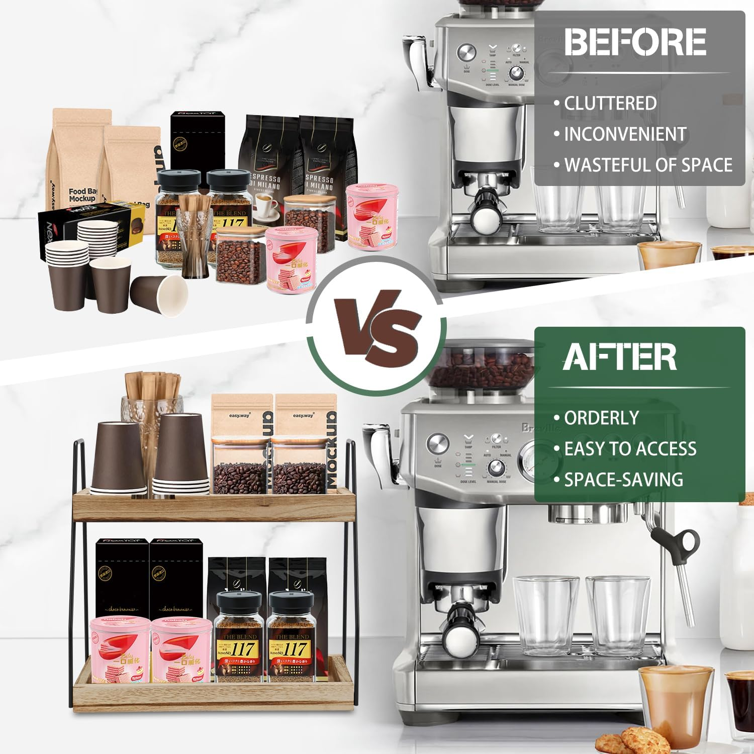 BYUNER Coffee Station Organiser, 2 Tier Shelf Coffee Bar Accessories and Organizer, Wooden Kitchen Shelf Storage, Tea Condiment Storage, Caddy for Home Office Bathroom Organiser image number 2