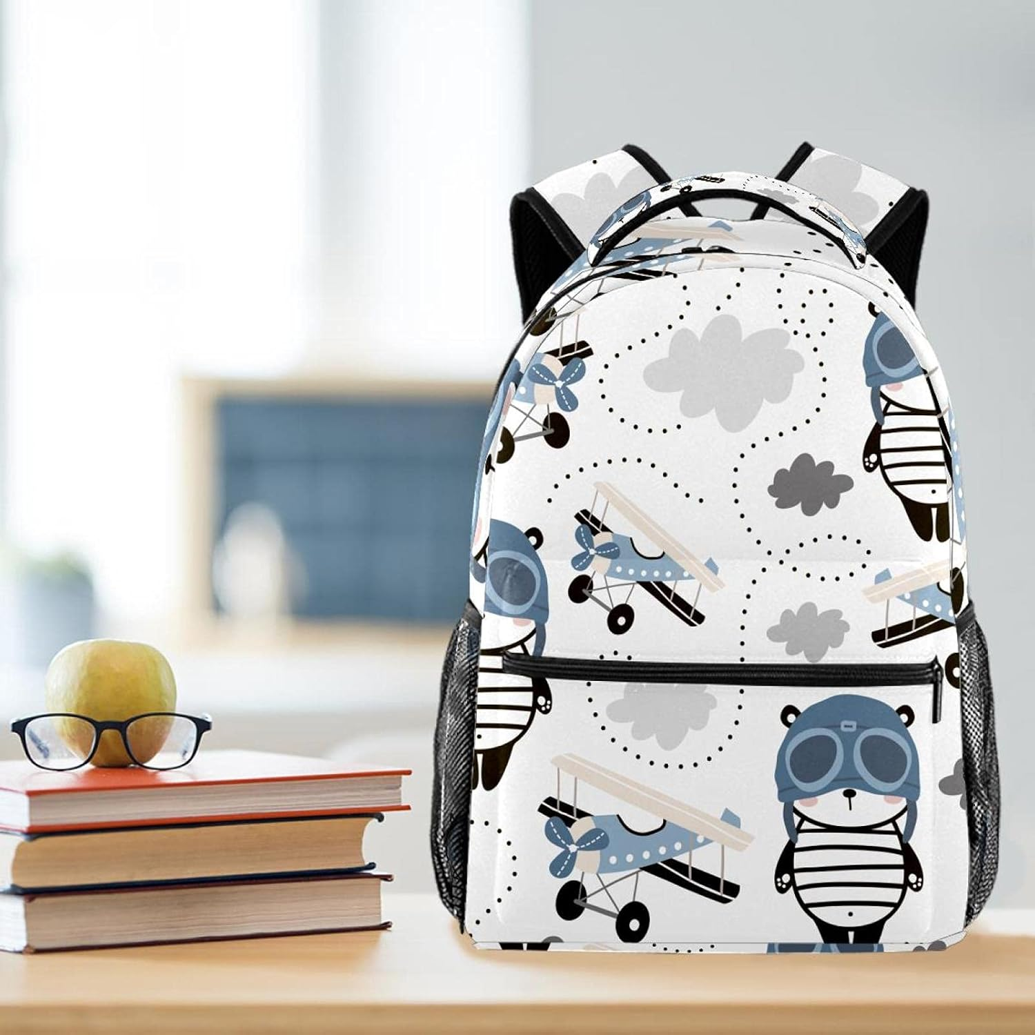 Cute Panda in Pilot Cap and Retro Air Planes Backpack Students Shoulder Bags Travel Bag College School Tote Backpacks image number 5