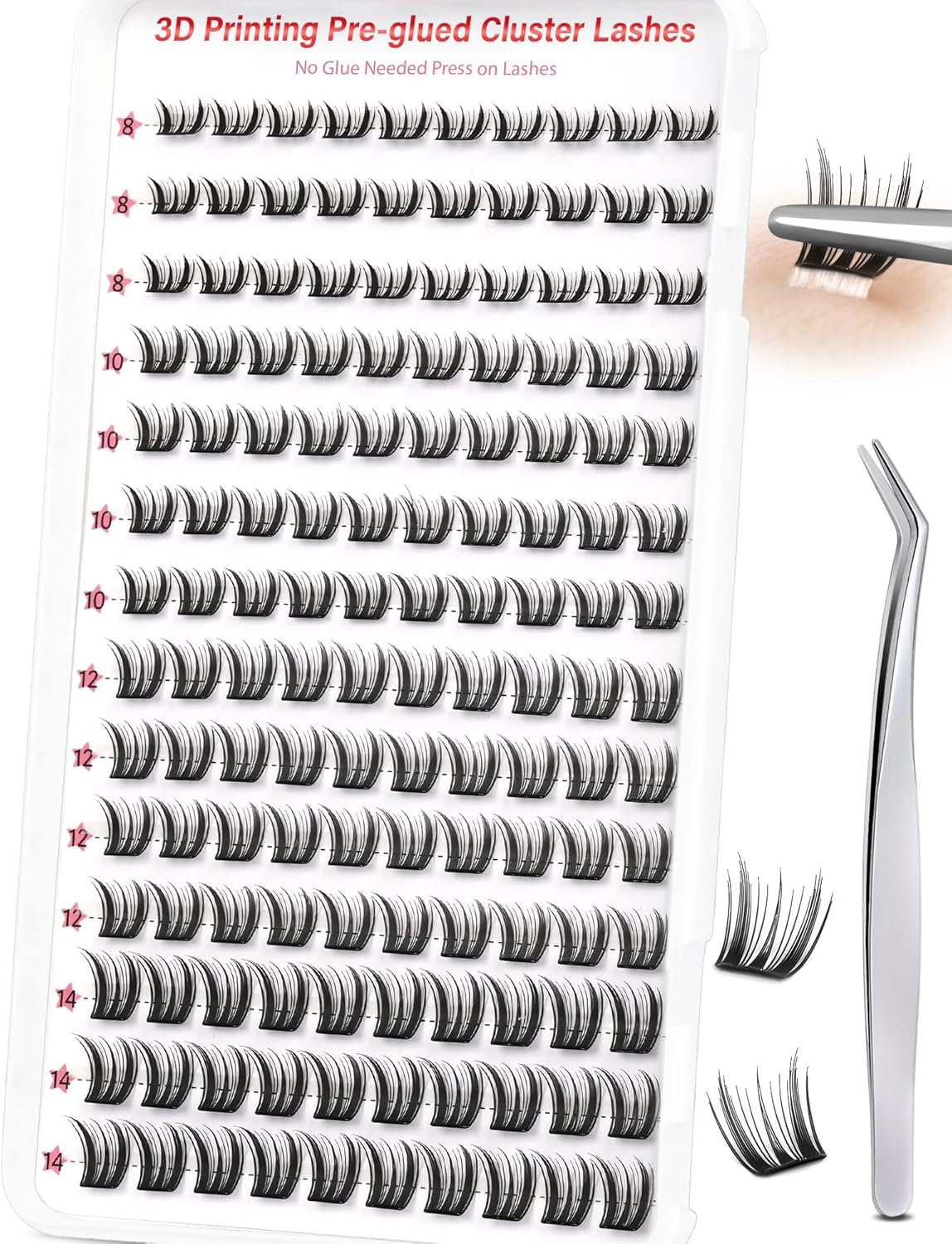 LZM Pre Glued Cluster Lashes Self Adhesive Lashes Clusters Natural with Tweezers No Glue Needed Press-On Eyelashes 8Mm 10Mm 12Mm 14Mm Wispy Eyelash Extensions DIY at Home (KLSH31B) image number 4