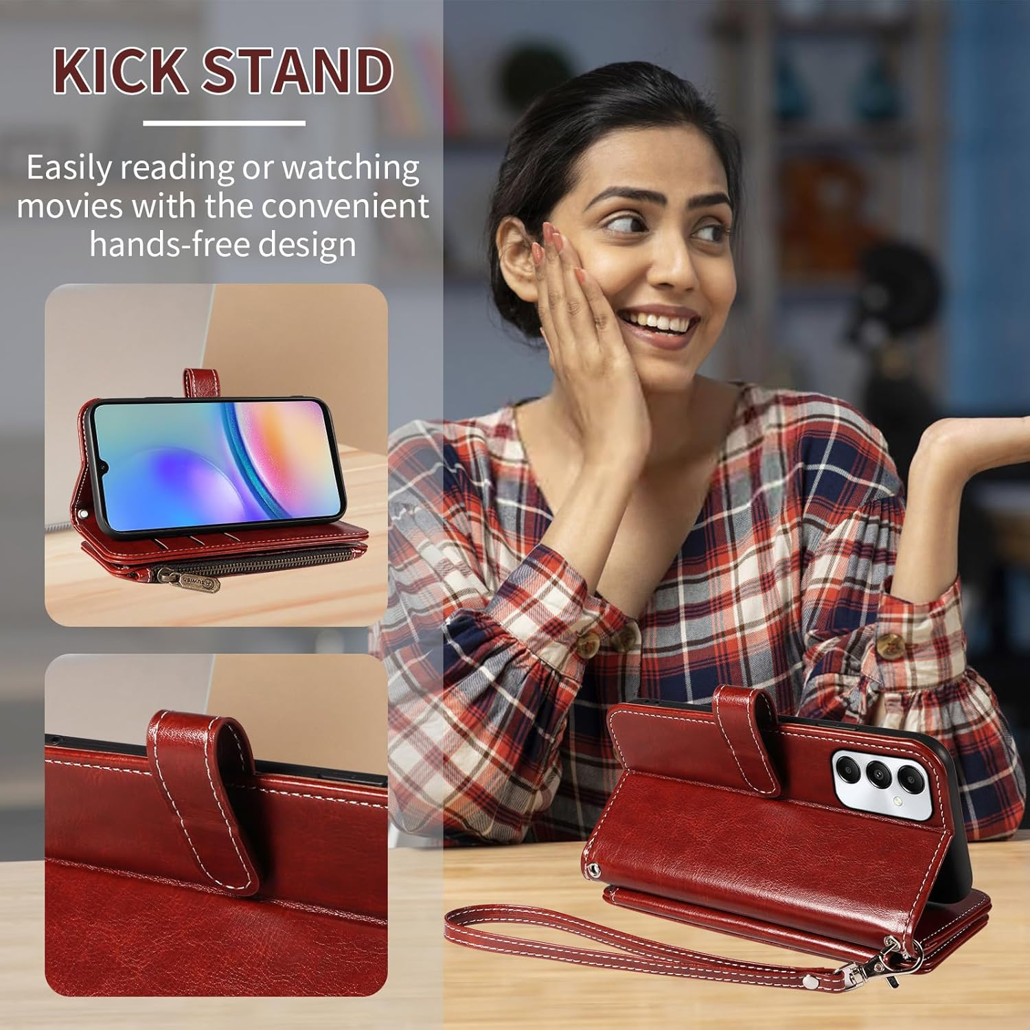 Asuwish Mobile Phone Case for Samsung Galaxy A05S/A05 Case with Strap Film Protective Film Card Slot Foldable Leather Wallet Stand Ao5S Ao5 a 05S 05 Mobile Phone Cases Protective Zip Phone Case Brown - Blue image number 4