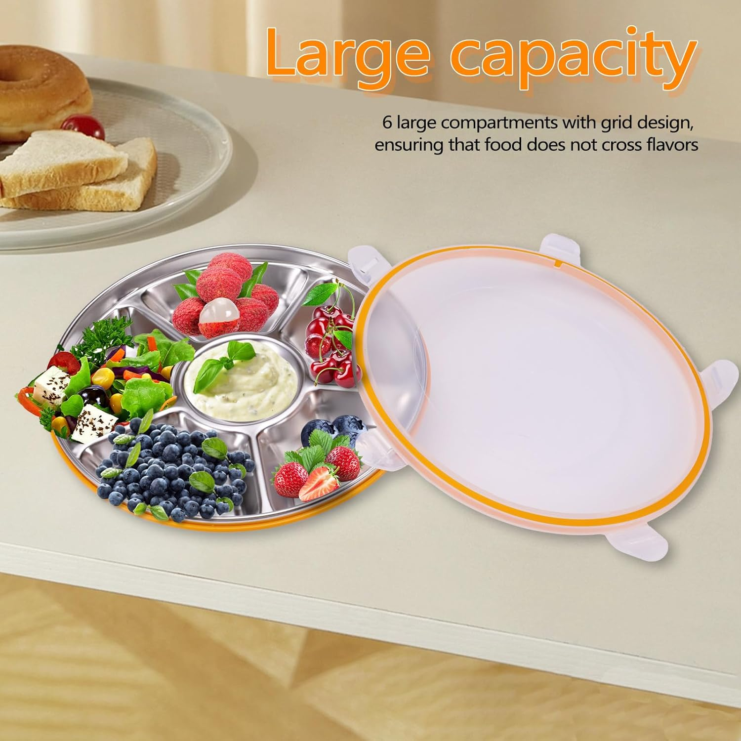 ASTIMESA Divided Serving Tray with Lid 6 Compartments, 10.4 Inch round Veggie Tray, Reusable Stainless Steel Snack Box Container Fruit Platter Tray for Parties Fridge Food Storage Picnic (1 Pcs) image number 3