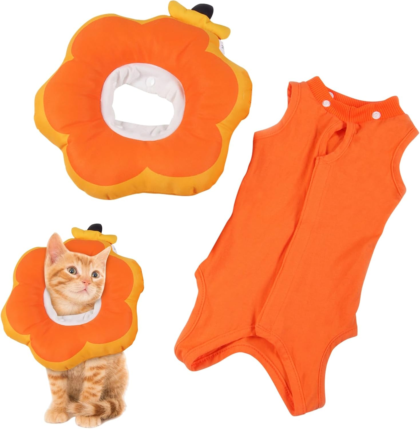 Cat Recovery Set: Fruit-Shaped E-Collar & Neutering Suit,Adjustable Cat Recovery Collars and Cat Surgery Recovery Suit,Soft Polyester for Post-Surgery Comfort,For Cats after Surgery (Orange, M) image number 3