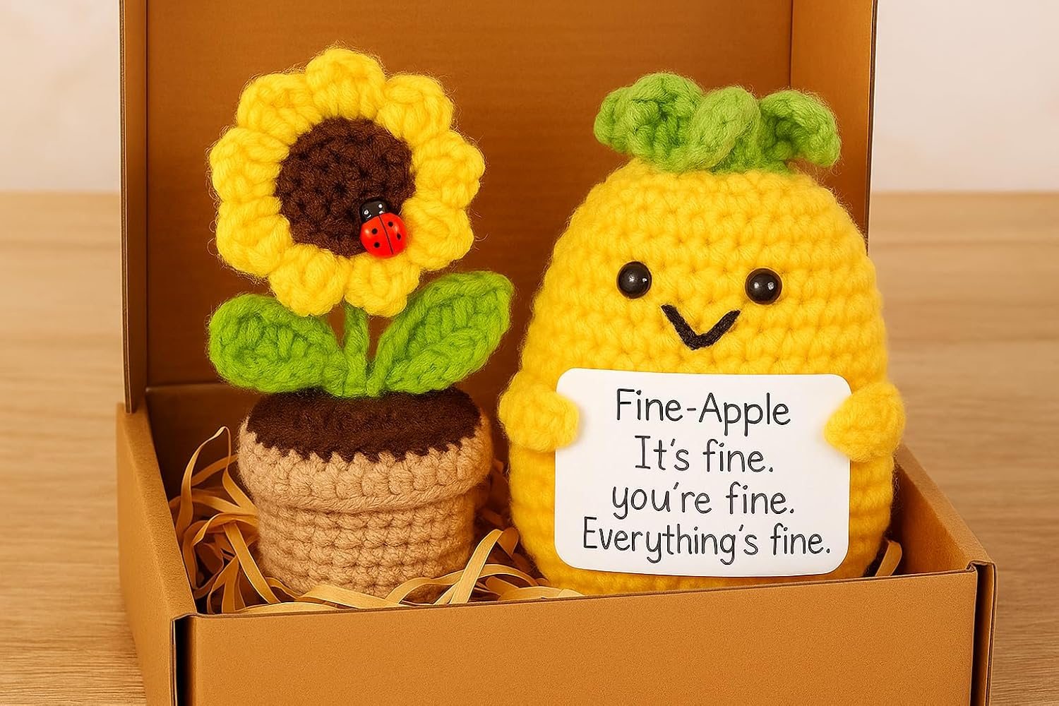 2PCS Handmade Crochet Yarn Decor &ndash; Funny Sunflower & Pineapple Desk Accessories, Emotional Support Gifts for Women, Friends, Office &ndash; Fiber Art Knitted Ornaments, Not Toys image number 6