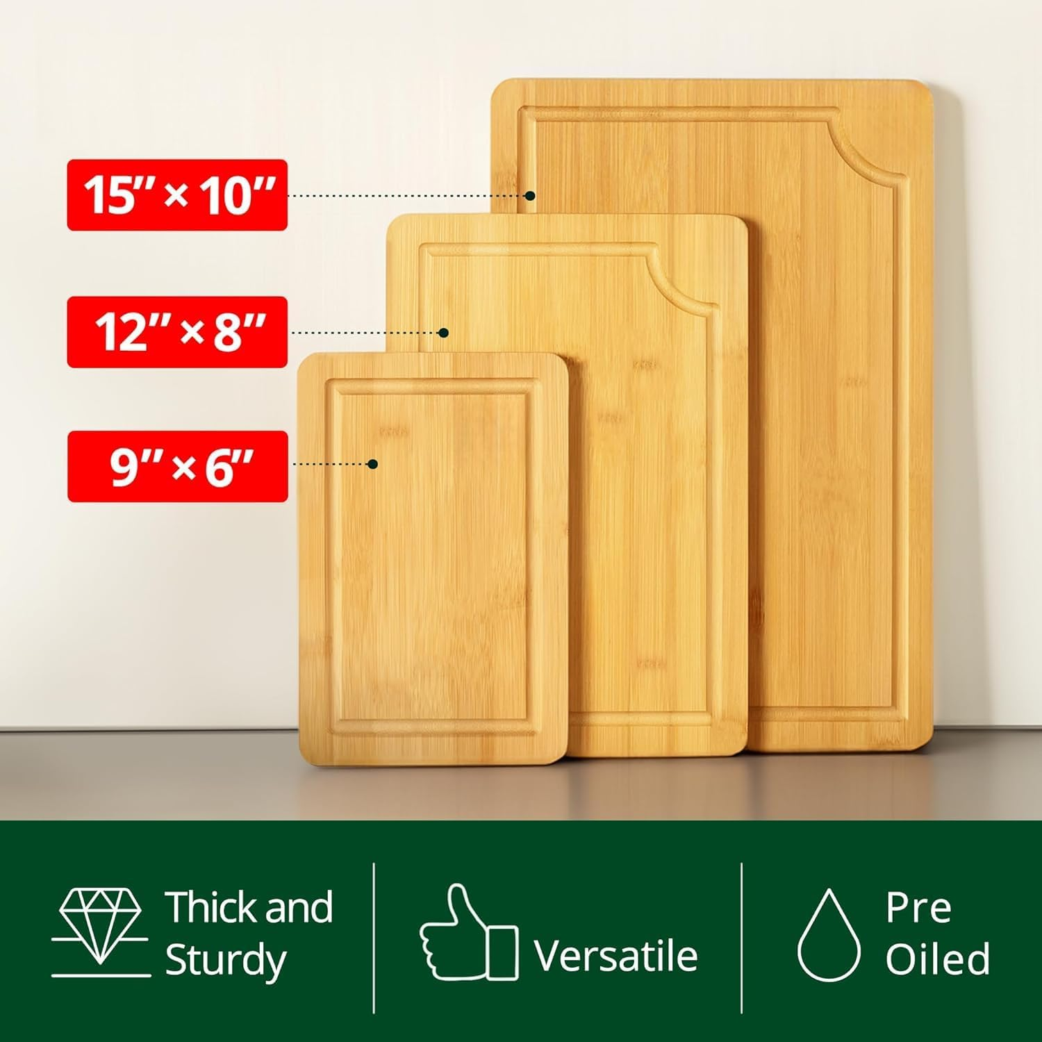 Wooden Cutting Boards for Kitchen Meal Prep & Serving - Bamboo Wood Serving Board Set with Deep Juice Groove Side Handles - Charcuterie & Chopping Butcher Block for Meat (Natural) image number 4