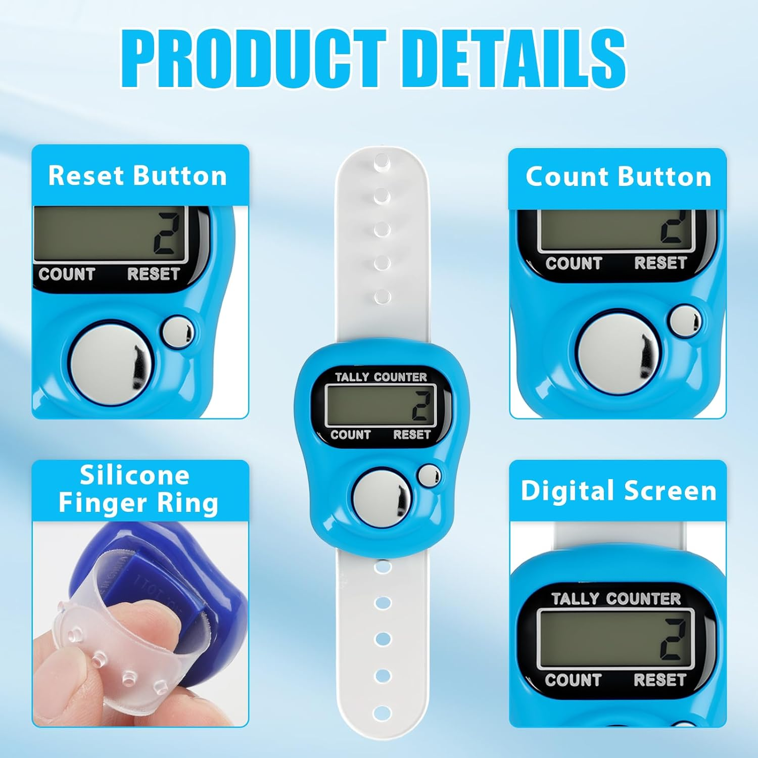 9 Pcs Electronic Finger Tasbeeh Tally Counter Mini LCD Digital Display Handheld Pitch Clicker, Resettable Finger Hand Tally Counter for Golf Coaching Knitting, Lap, Fishing Row Baseball Easy to Carry