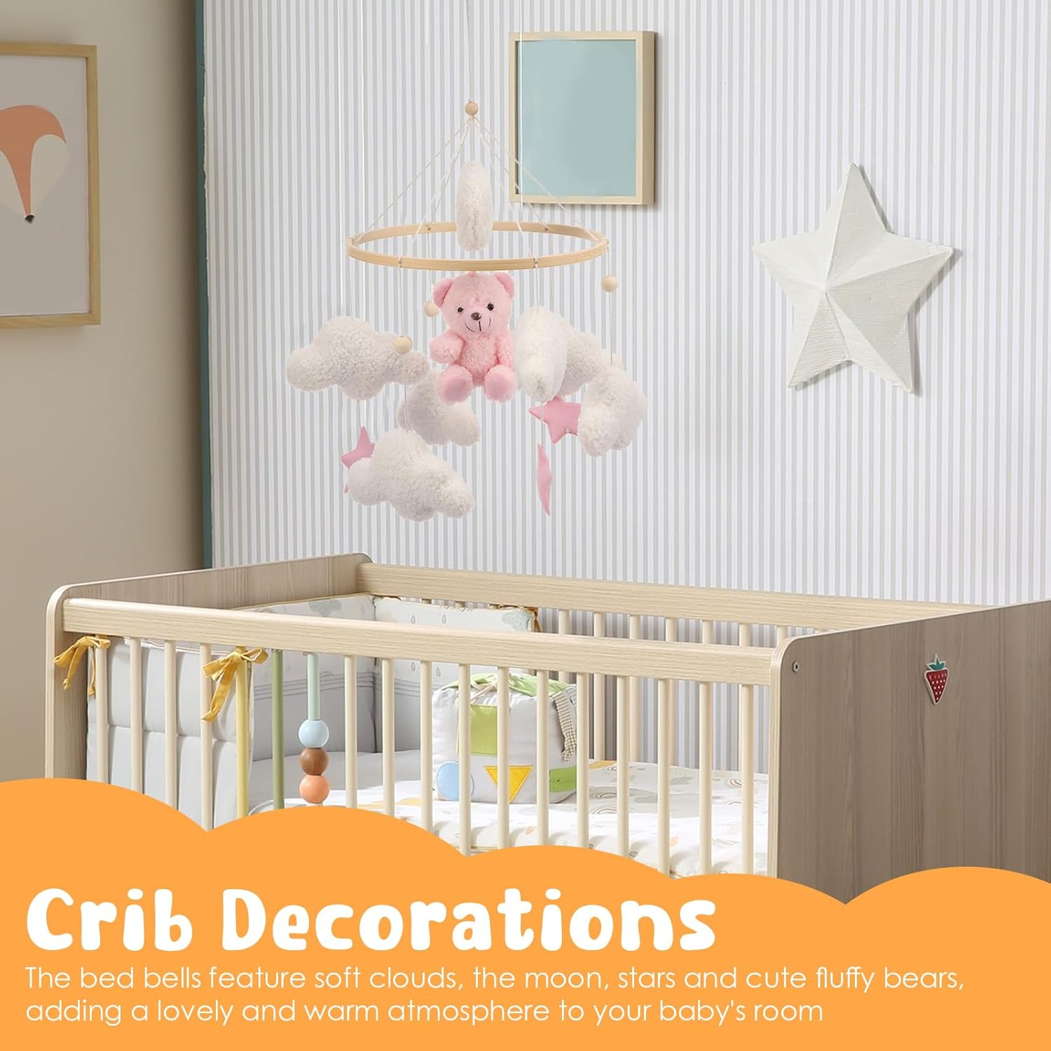 Baby Musical Crib Mobile, Hanging Rotating Plush Toys and Wood Nursery Mobile Cute for Infant Newborn Boy Girl,Total Height: 45Cm/17.72In (Pink) image number 2