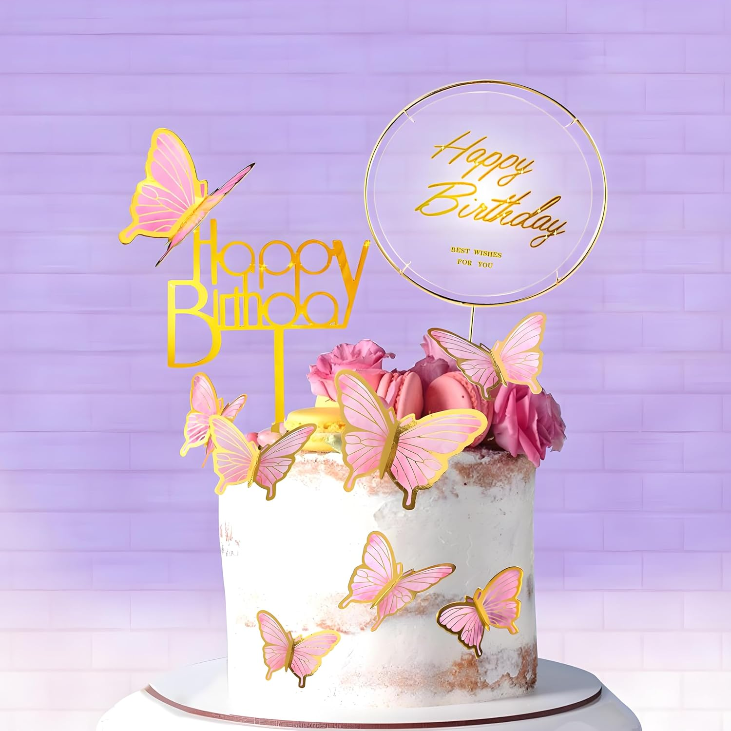 Butterfly Cake Toppers, 20 Pcs 3D Cupcake Toppers & 1 Pcs Happy Birthday Metal Gold Cake Topper for Women'S Birthday Party Decorations (Pink) image number 1