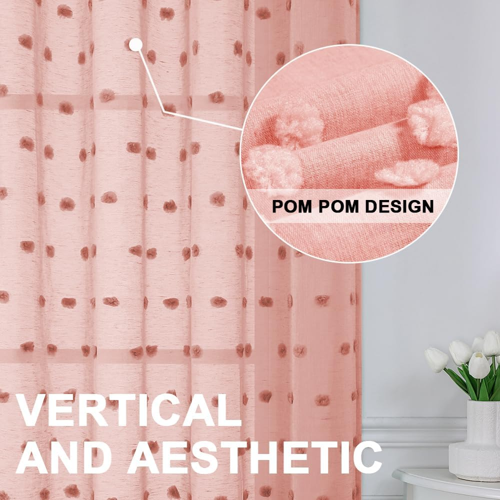 Smarcute Pom Pom Linen Textured Sheer Curtains for Bedroom Light Filtering Semi Sheer Rod Pocket Curtain & Drapes for Living Room, Nursery Room, Set of 2 Panels, (Coral Pink, 132 X 160 Cm) image number 2