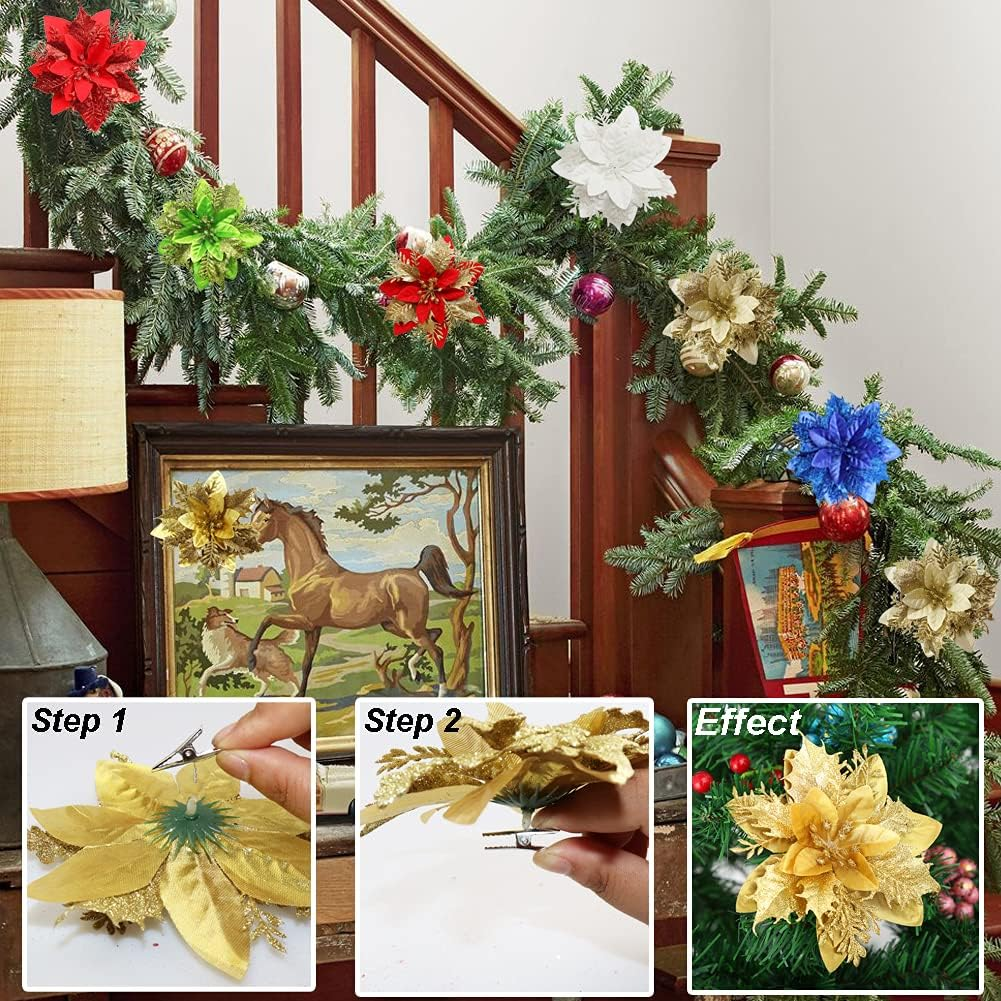 12 Pcs Poinsettia Artificial Christmas Flowers Decorations with Clips and Stems Glitter Christmas Poinsettia Decorations for Xmas Tree Ornaments Winter Party Wreath Decoration (Bright Golden) image number 2