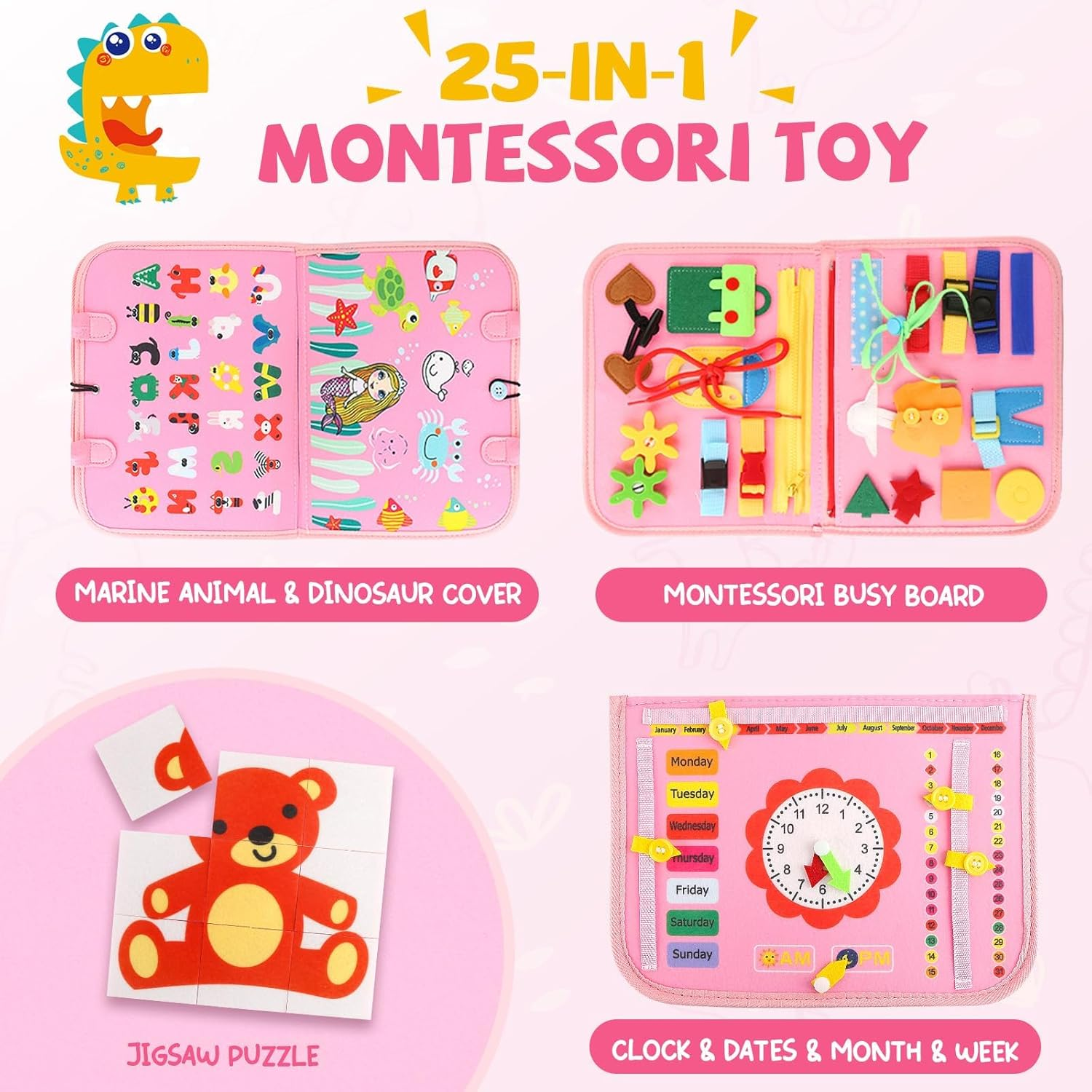 Montessori Busy Board Toys, Sensory Board for Toddlers 1-3, Travel Felt Busy Book for Airplane Car, Activity Busy Mat for Learning Fine Motor Skills Suits Boys Girls Birthday Gifts (Pink)