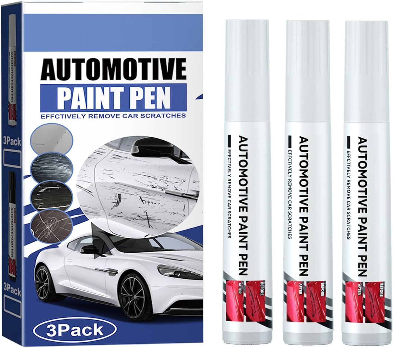 POKITA X 2 in 1 Car Touch up Paint Pen Set (3 PCS) &ndash; Exact Color Match for Black & White Cars, Quick Fix for Scratches & Paint Damage, Waterproof, Quick Drying & Safe, Upgraded Soft Pen Tip (BLACK)