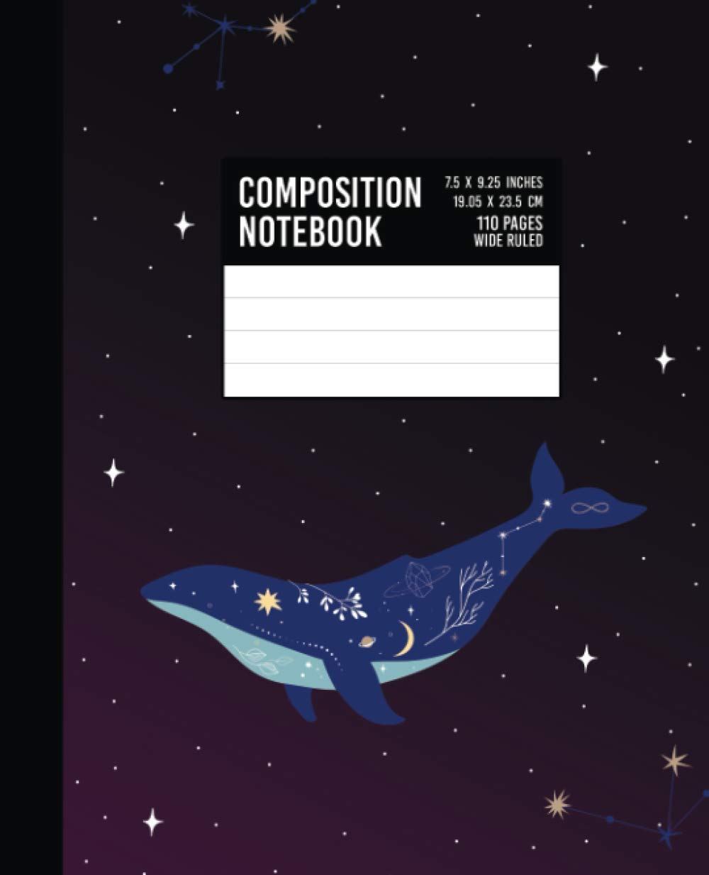 Composition Notebook: Blue Celestial Space Whale - Wide Ruled Lined Paper Journal - 7.5" X 9.25" - 110 Pages