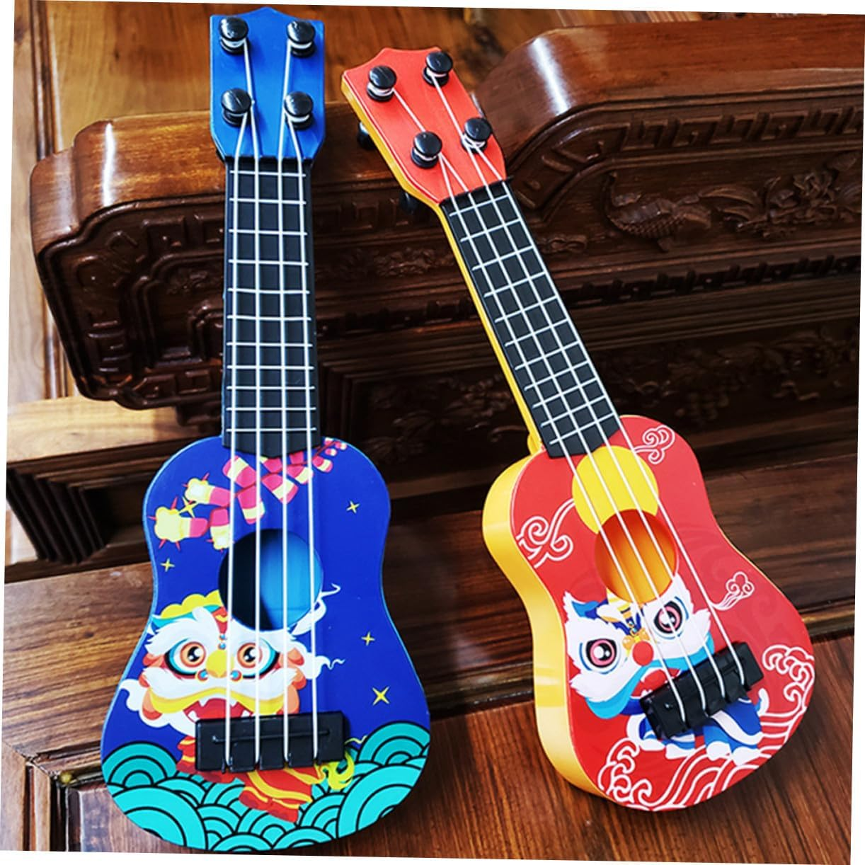 2Pcs Ukulele Cartoon Mini Guitar Model for Beginners Ages Smooth Surface Musical Instrument Educational Plaything in Red and Blue image number 2