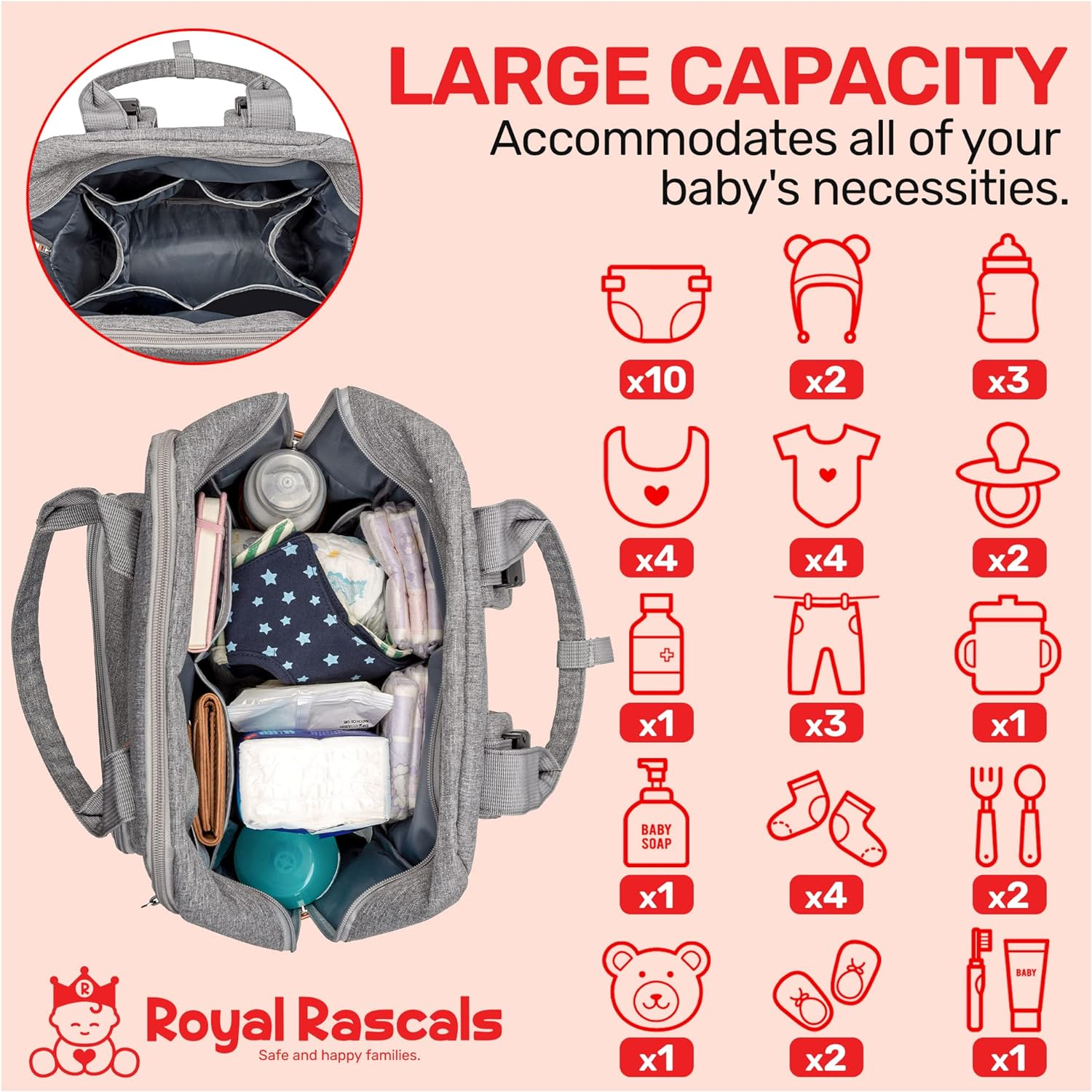 Royal Rascals Baby Changing Bag Backpack, Nappy Bag Backpack for Mum & Dad, Diaper Bag, Baby Bag - Stores Nappies, Bottles, Wipes Dispenser & More - Includes Portable Baby Changing Mat image number 1