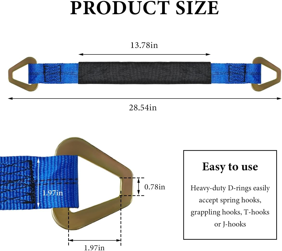 DXNQ 2" &times; 29" Premium Axle Tie down Strap with D Rings, Heavy Duty Axle Strap with Protective Sleeve Working Load Limit 6614 Lbs, High Tension Axle Strap for Securing Car Transport (Blue) image number 2