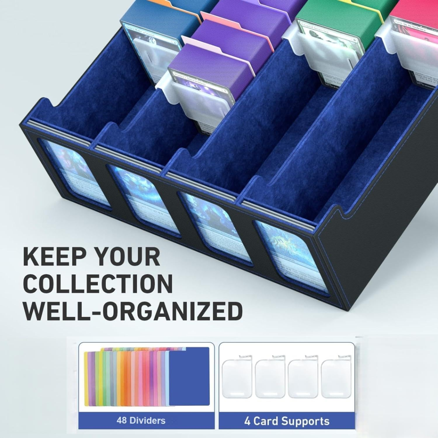 Cyperever PU Leather Trading Card Storage Box, Playing Card Case with 4 Display Windows, Magnetic Closure Storage Boxes with 3000+ Trading Cards Storage, 48 Colorful Dividers, 4 Supporters & Strap