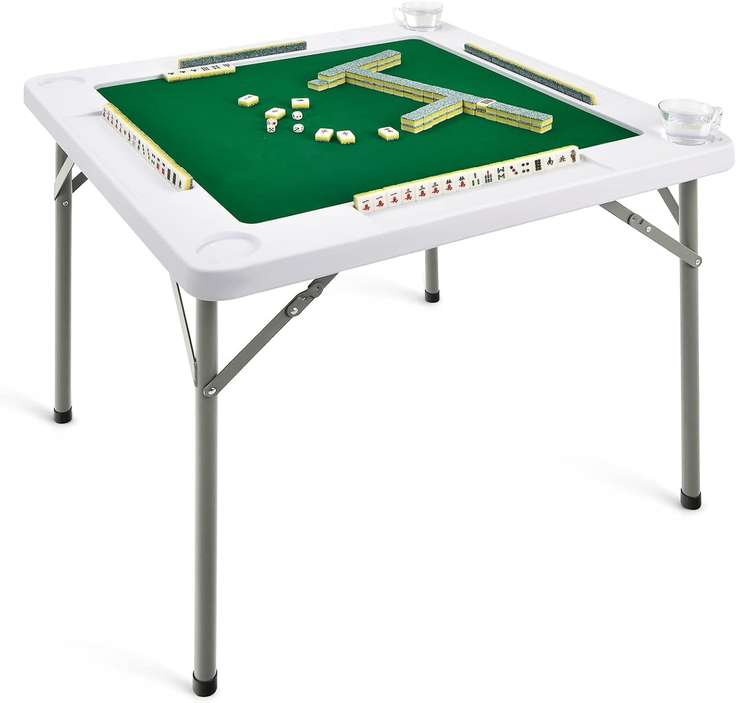 Folding Mahjong Game Table, 88Cm Foldable Mahjong Table Plastic and Metal Folding Square Table with Green Playing Surface and 4 Cup Holders for Mahjong Poker Domino Adults Games image number 6
