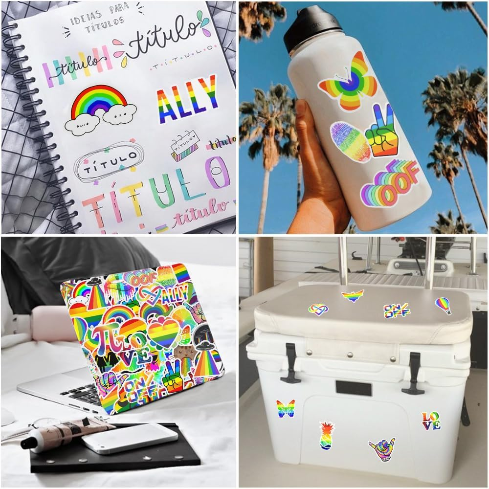 QTL 50Pcs Waterproof Vinyl Rainbow Stickers Pack Water Bottle Laptop Pride Stickers for Adults Party Supplies