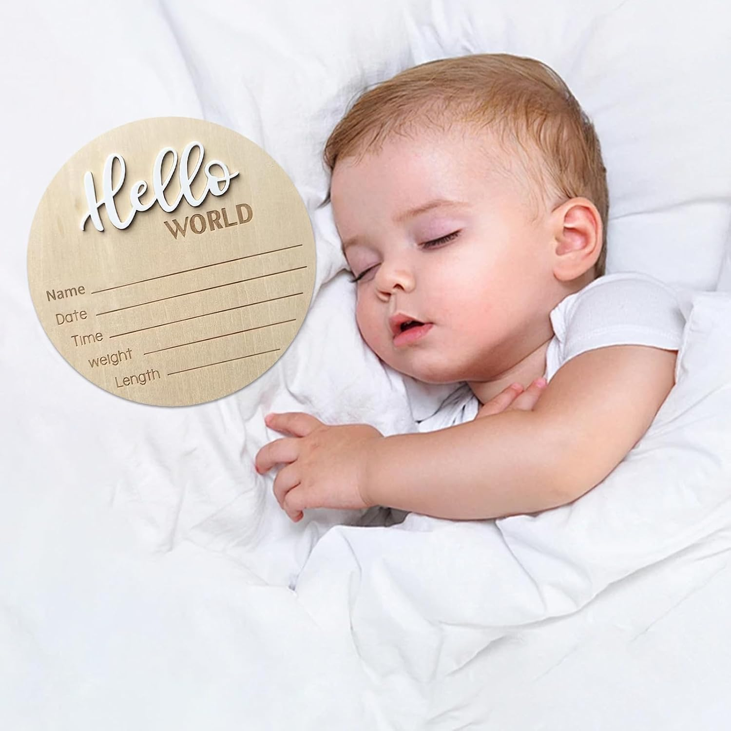 Baby Announcement Sign, ​5.9 Inch Wooden Hello World Newborn Signs, Birth Announcement Sign, Baby Shower Hospital Nursery for Newborn Boys and Girls (White) image number 3