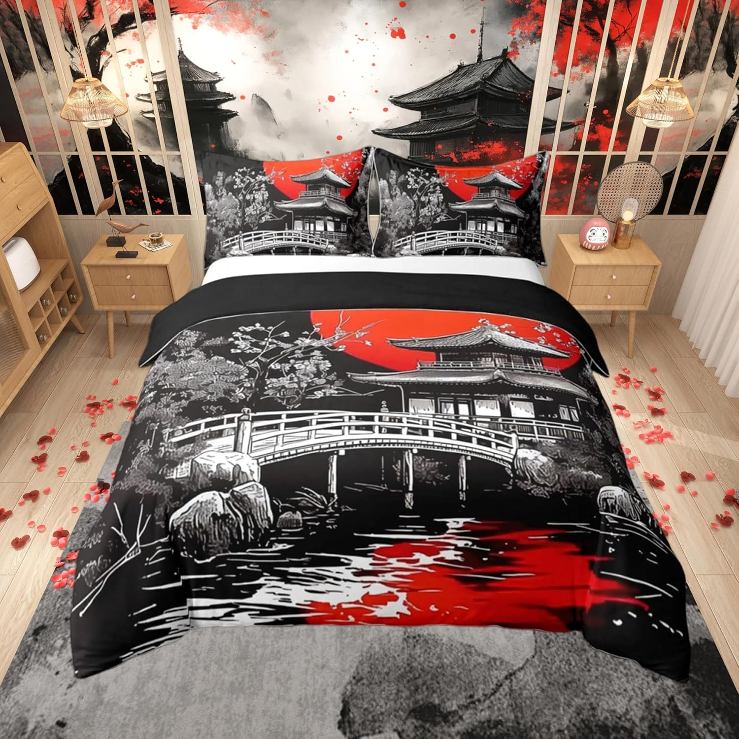 Loussiesd Japanese Ukiyoe Duvet Cover Set Single Size for Kids Boys Girls Adults Anime Bedding Set Red Sunset Comforter Cover with 1 Pillowcase Japanese Style Hokusai Pattern Beds Set image number 6