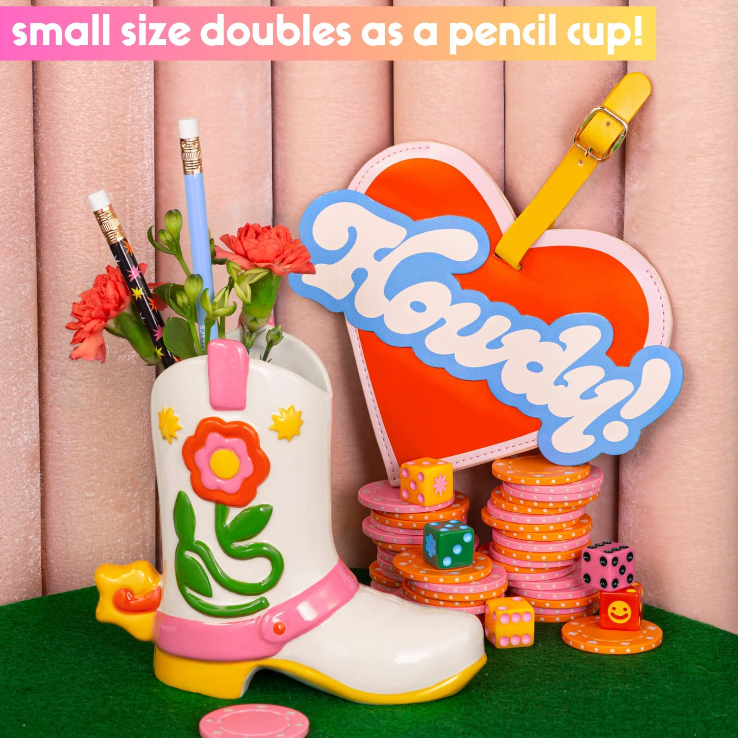 Ban.Do Small Cowboy Boot Vase, Colorful Ceramic Shelf Decor for Home or Office, Unique Flower Vase Doubles as Pencil Cup, Giddy Up, (2304012) image number 1